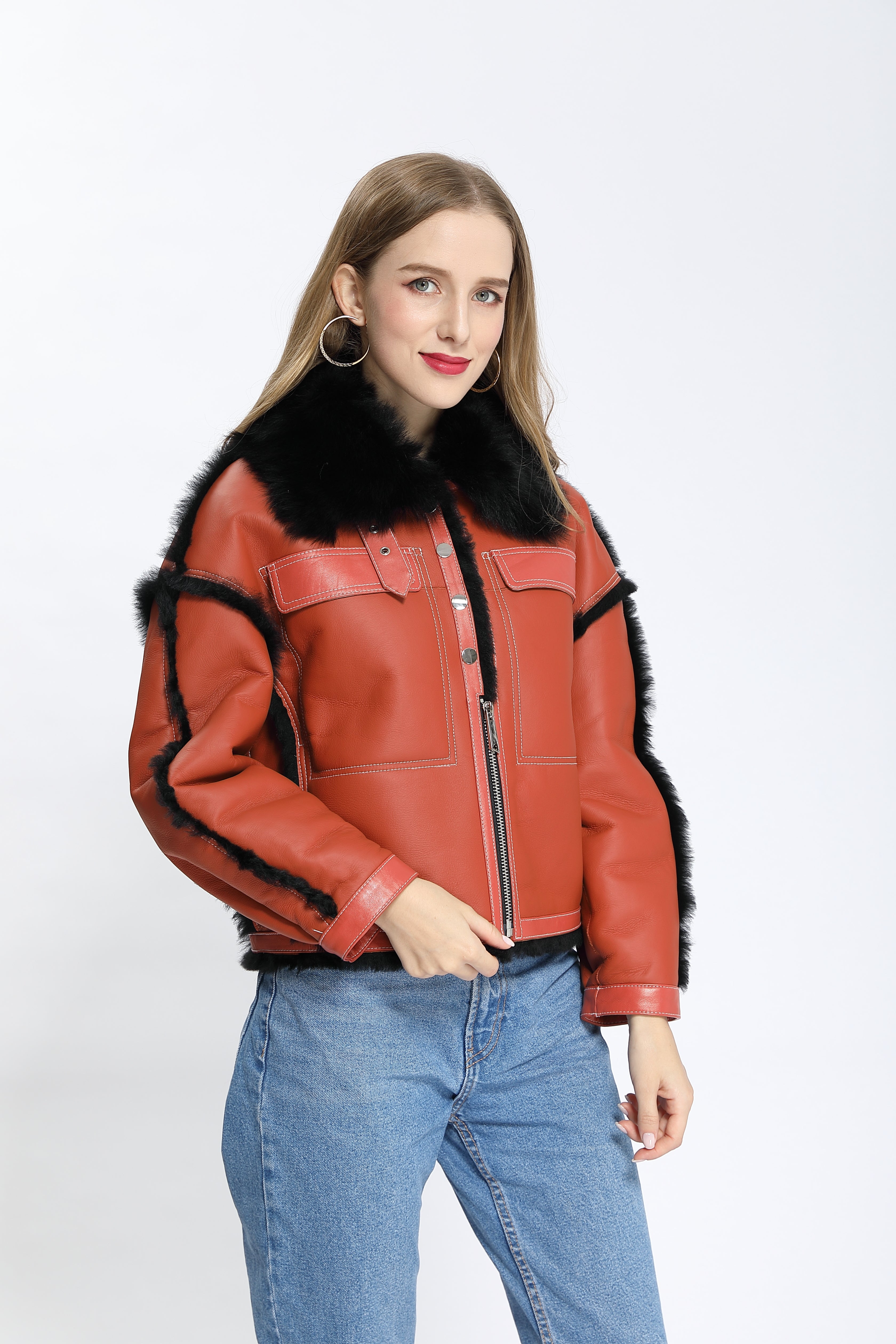 Women's Toscana Shearling Jacket with Zipper & Snap Button Placket, Contrast Fur Trim - Luxe Winter Outerwear