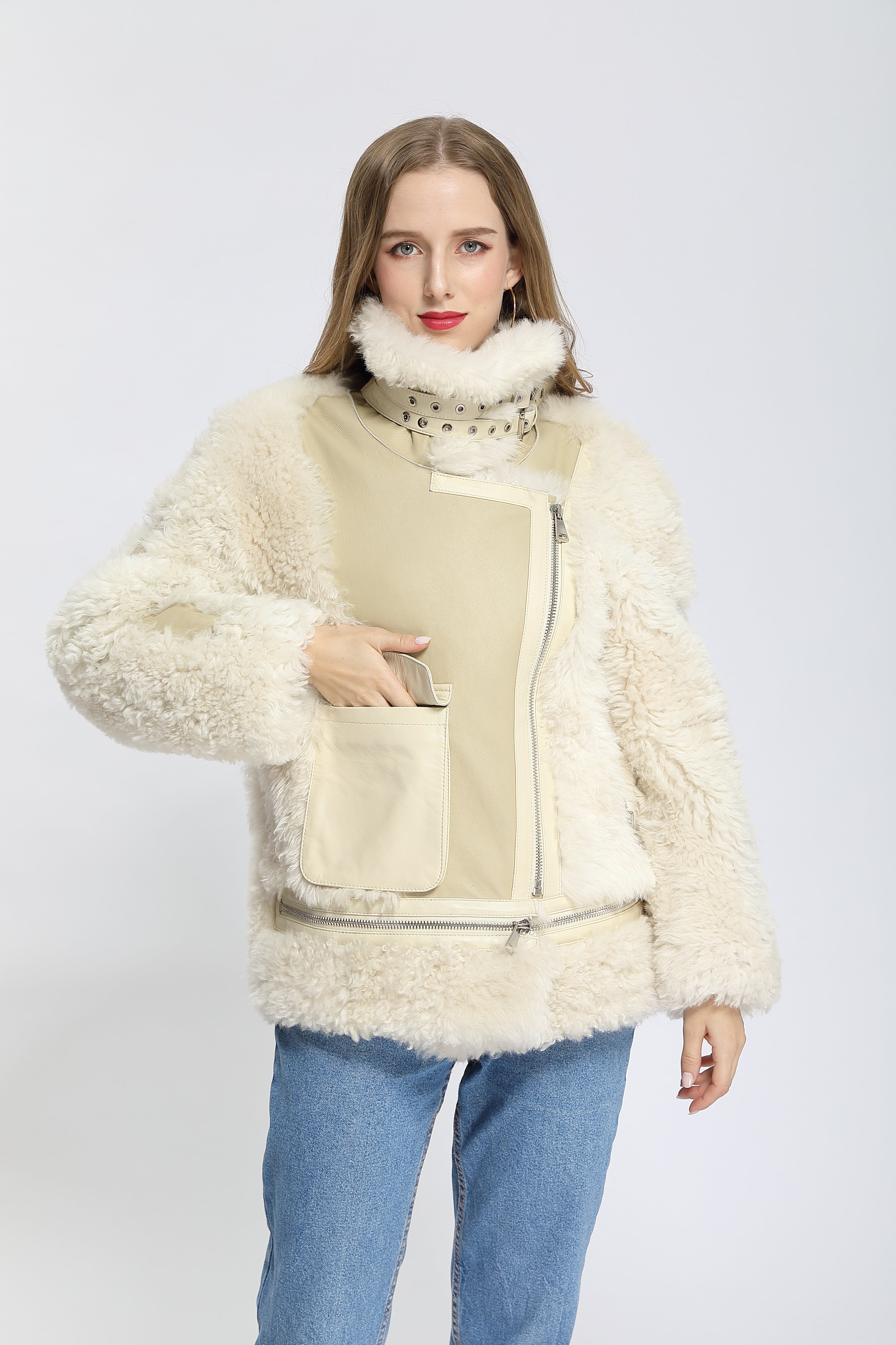 Women's Shearling Basha Jacket with Single-Side Patch Pocket - Luxe Textured Outerwear