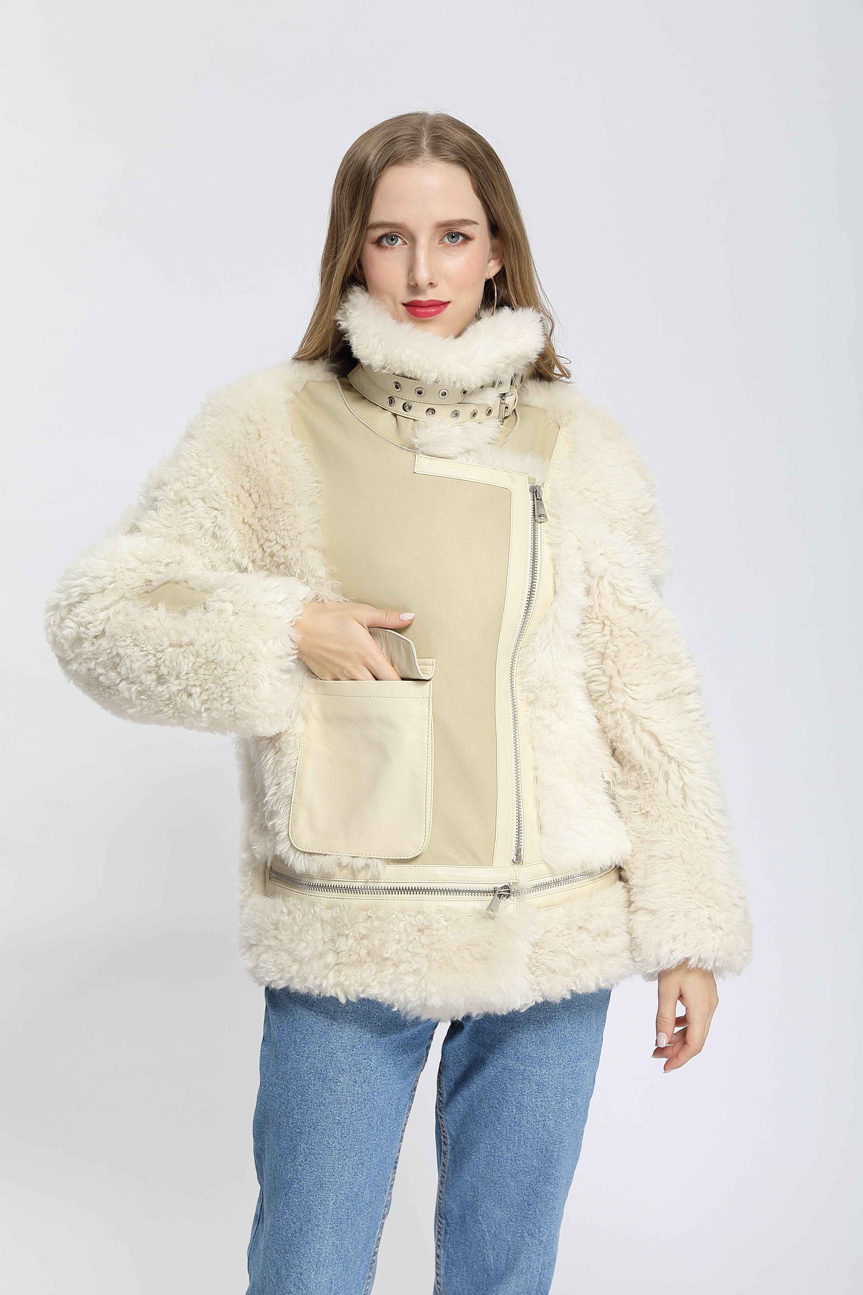 Women's Shearling Basha Jacket with Single-Side Patch Pocket - Luxe Textured Outerwear