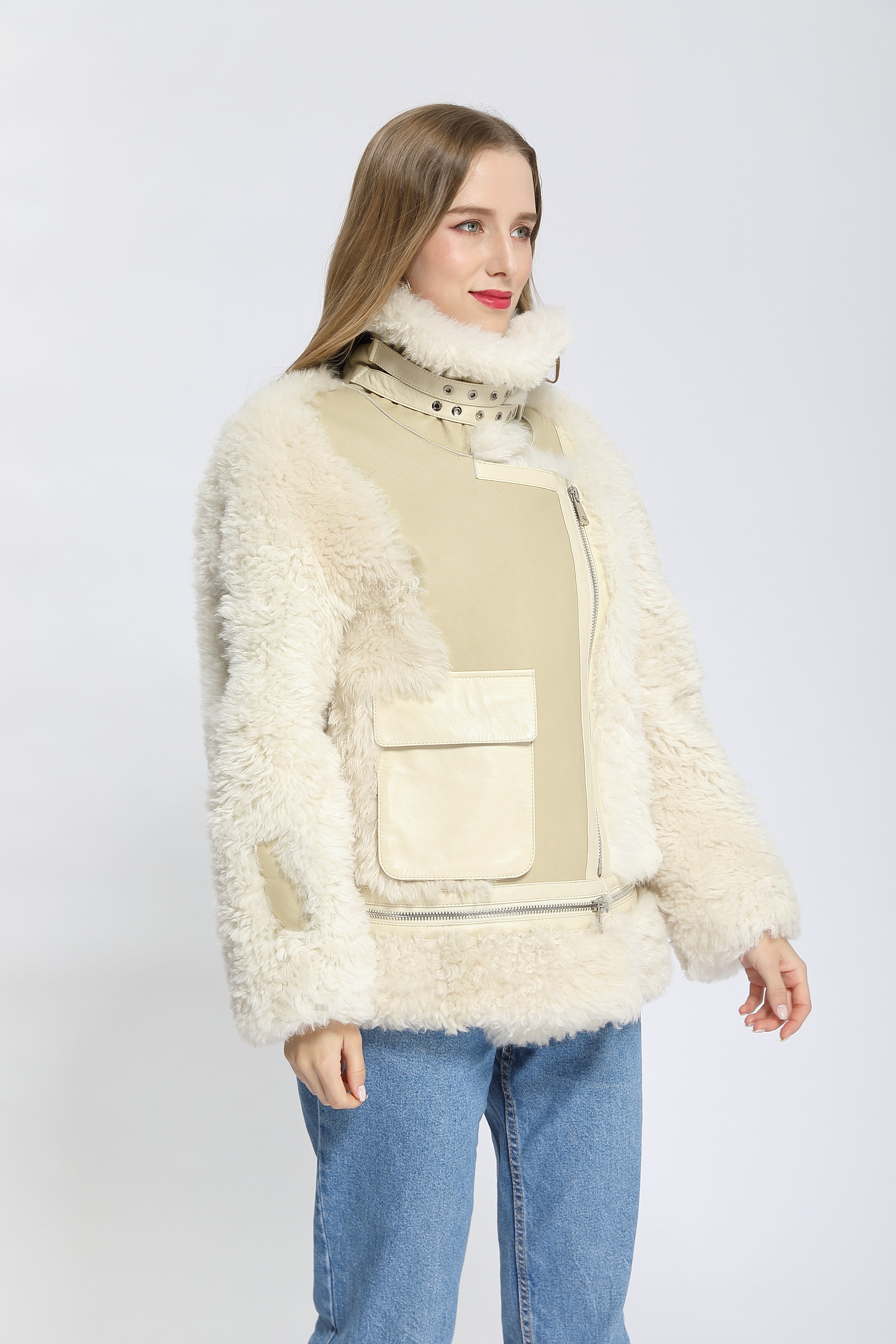 Women's Shearling Basha Jacket with Single-Side Patch Pocket - Luxe Textured Outerwear