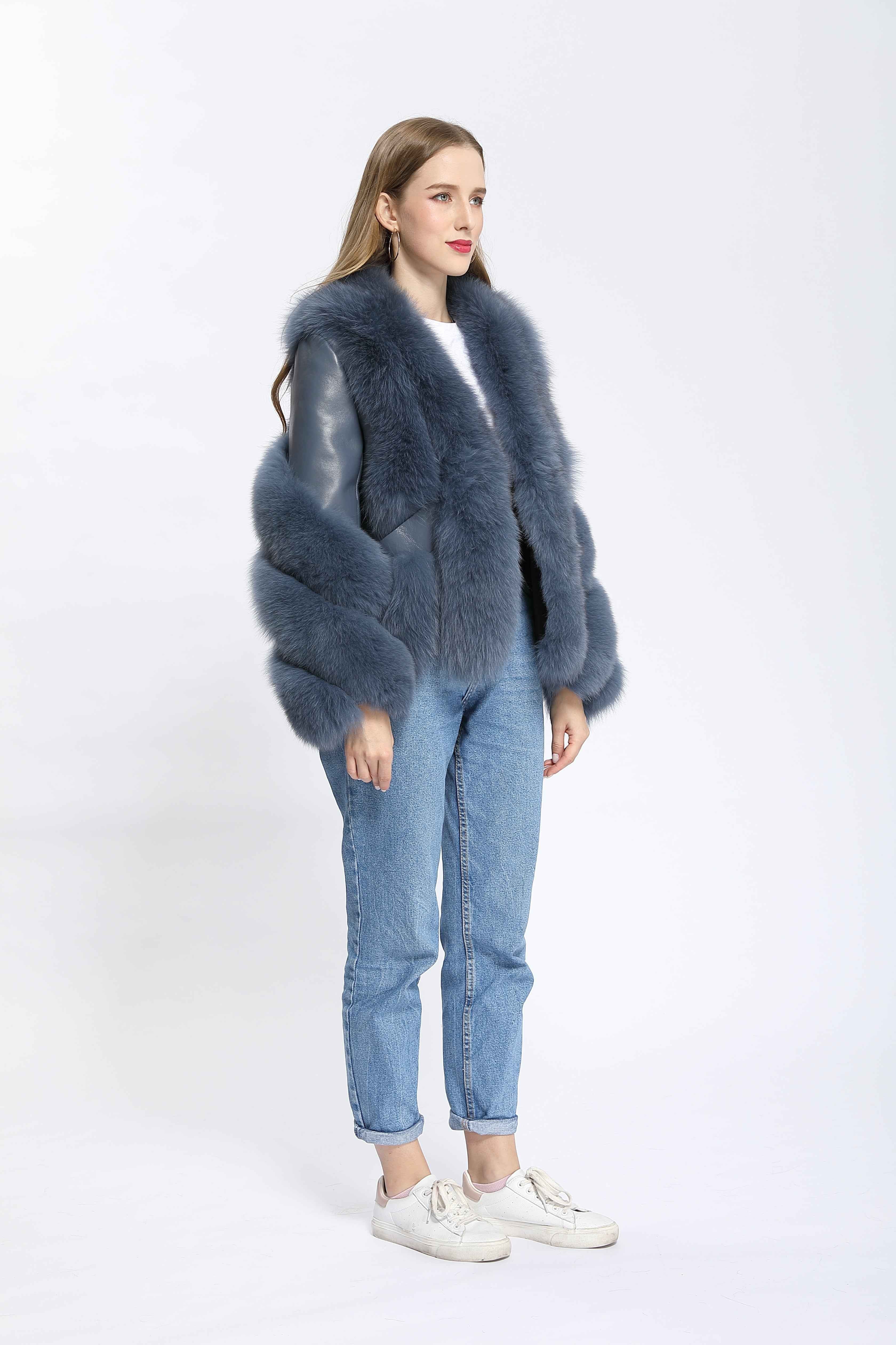 Luxury Blue Striped Fox Fur Coat with Leather Panels and Left Sleeve Zipper Detail