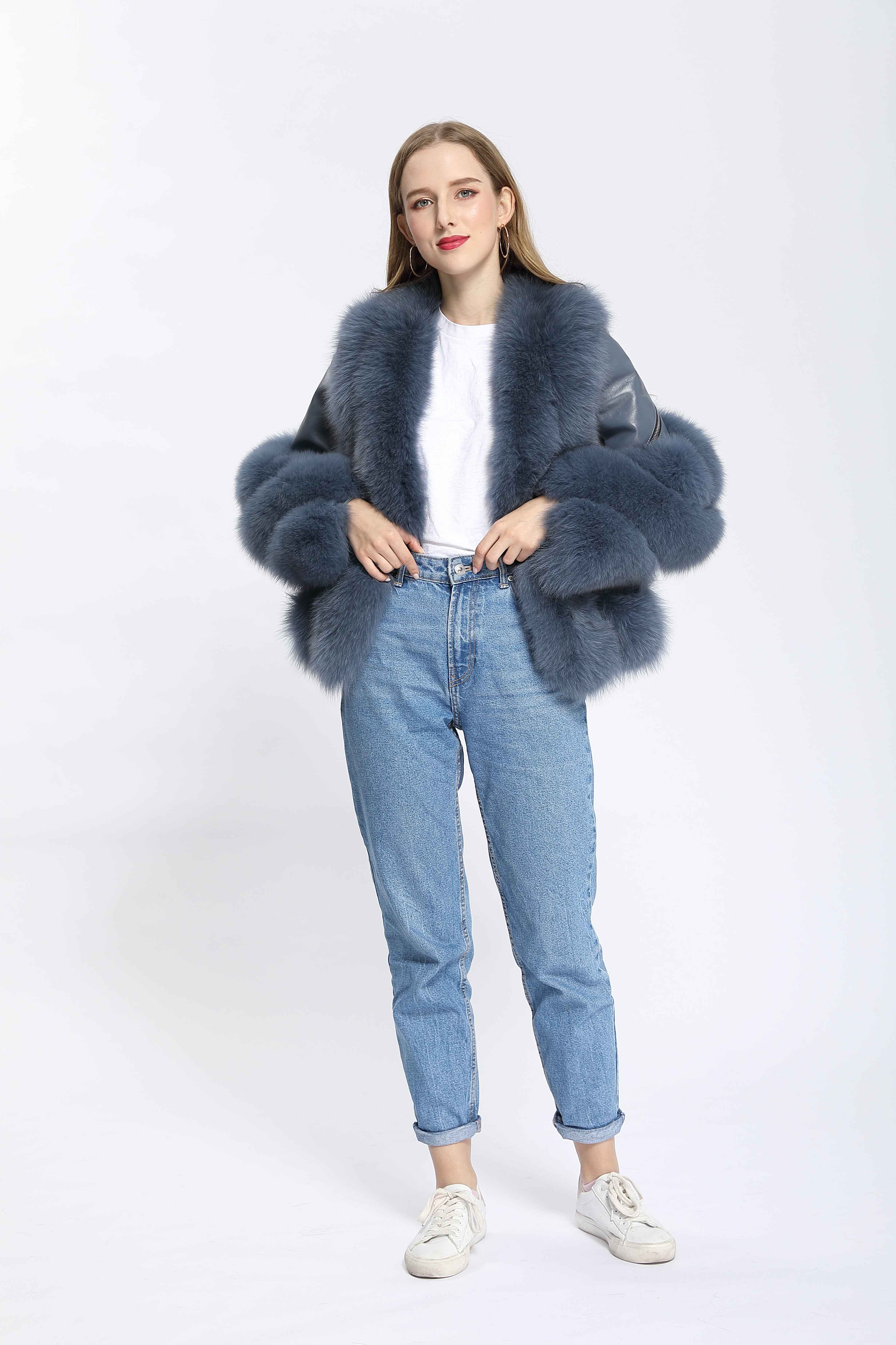 Luxury Blue Striped Fox Fur Coat with Leather Panels and Left Sleeve Zipper Detail