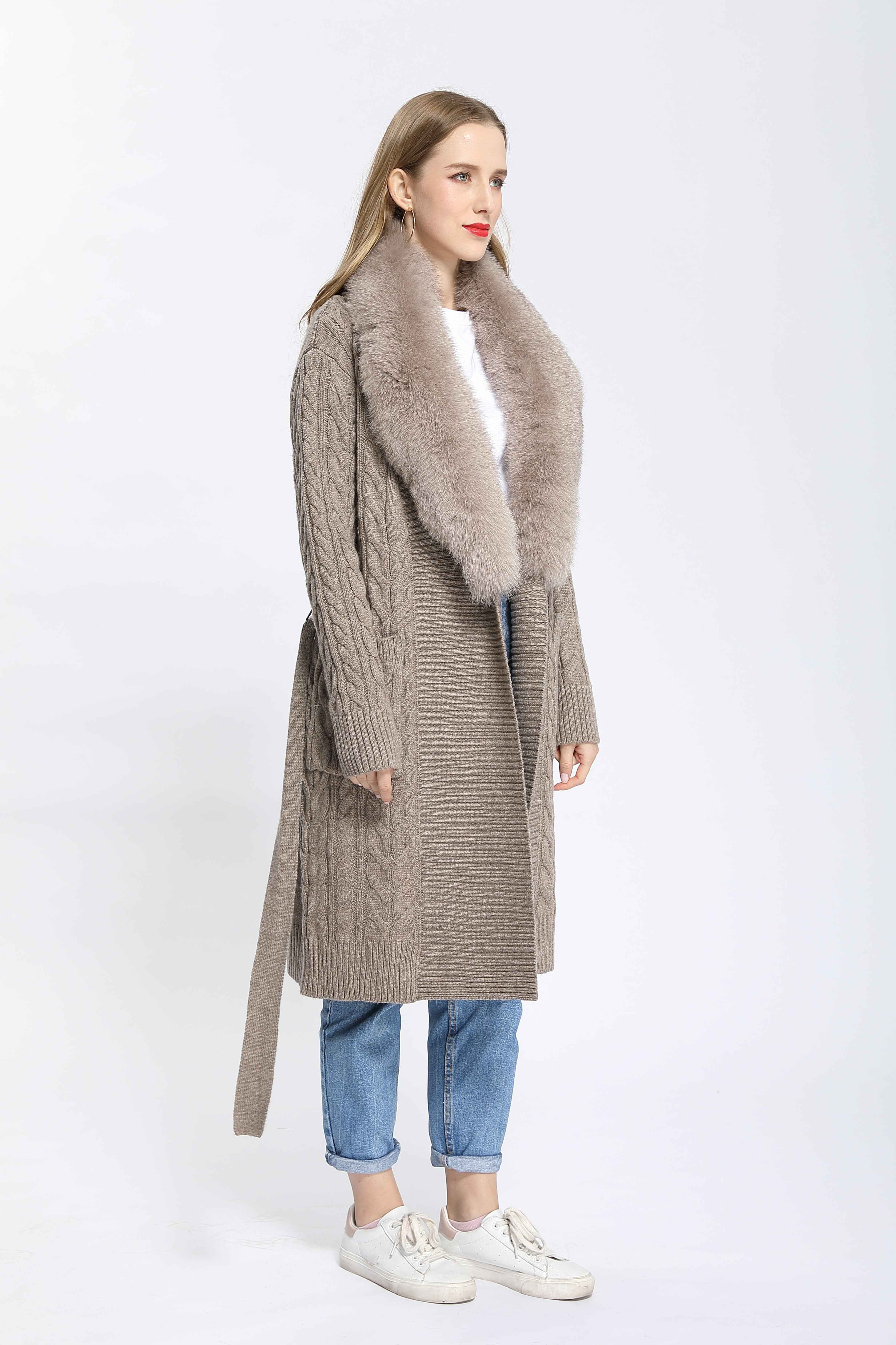 Women's Shawl Collar Knitted Coat with Fox Fur Collar & Self-Tie Belt - Luxe Winter Outerwear