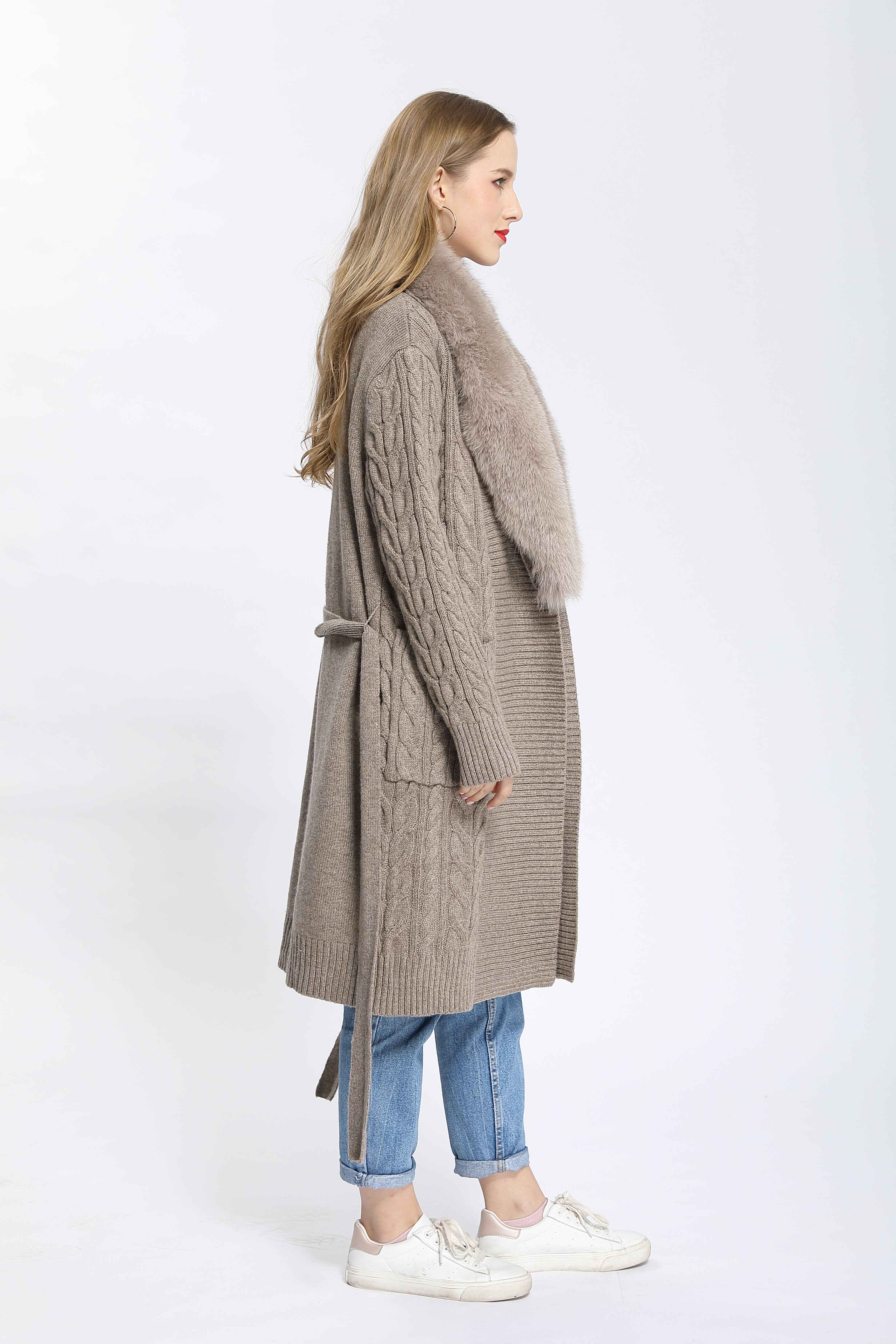 Women's Shawl Collar Knitted Coat with Fox Fur Collar & Self-Tie Belt - Luxe Winter Outerwear