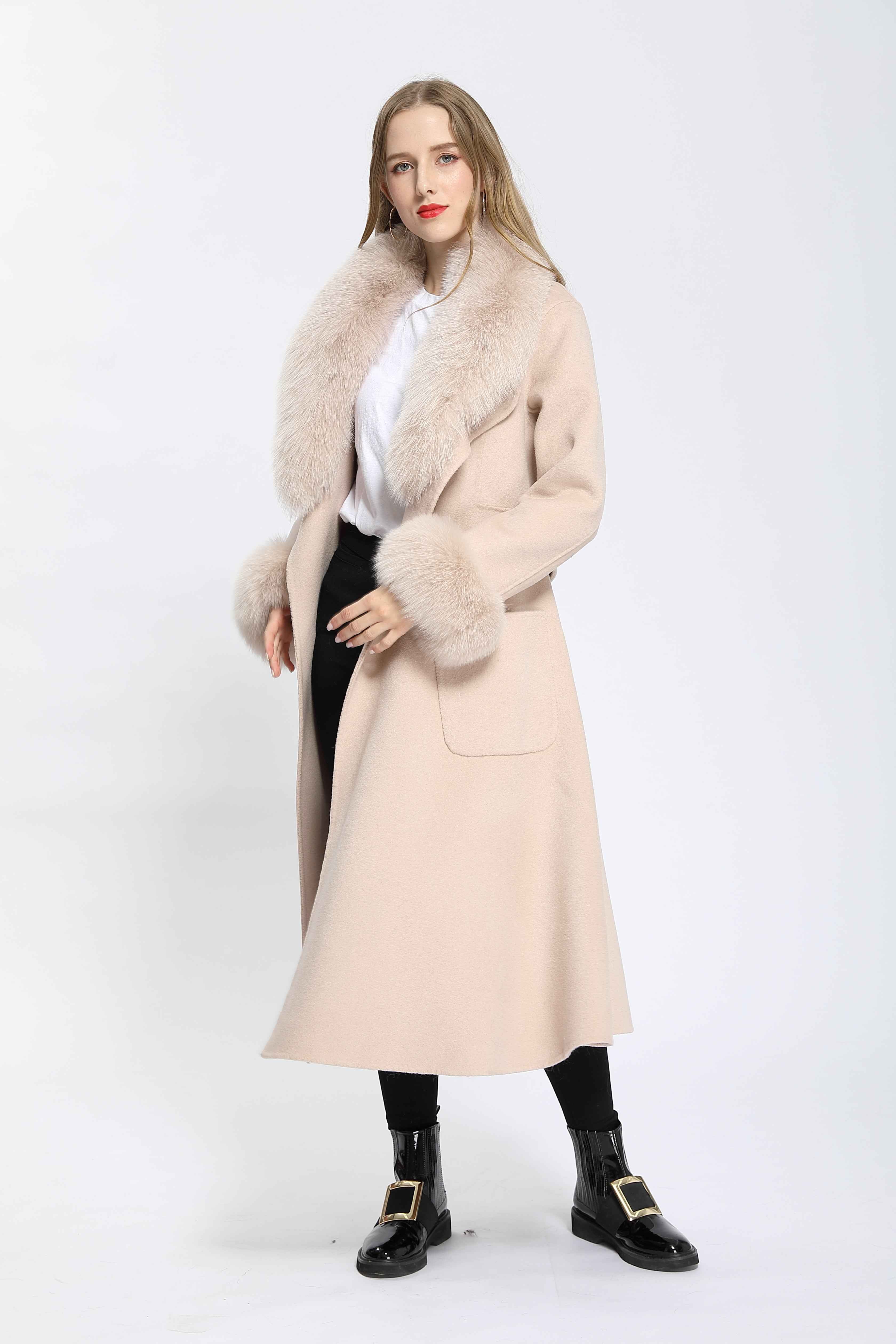 Women's Camel Wool Long Coat with Fox Fur Collar and Cuffs Trim, Elegant Oversized Winter Jacket for Casual Outfits