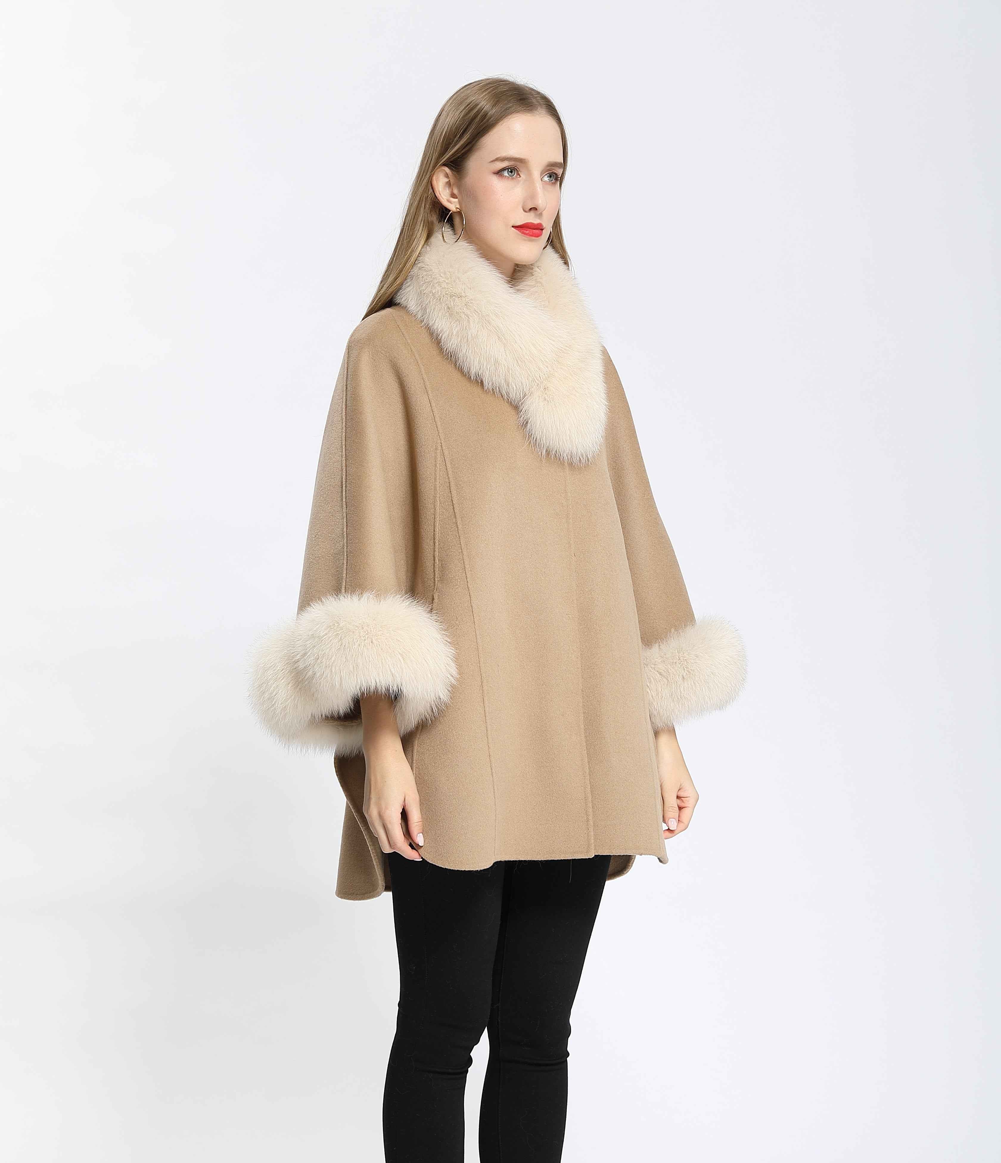 Women's Luxury Double - Faced Wool Cape with Removable Faux Fur Collar and Cuffs, Elegant Winter Outerwear