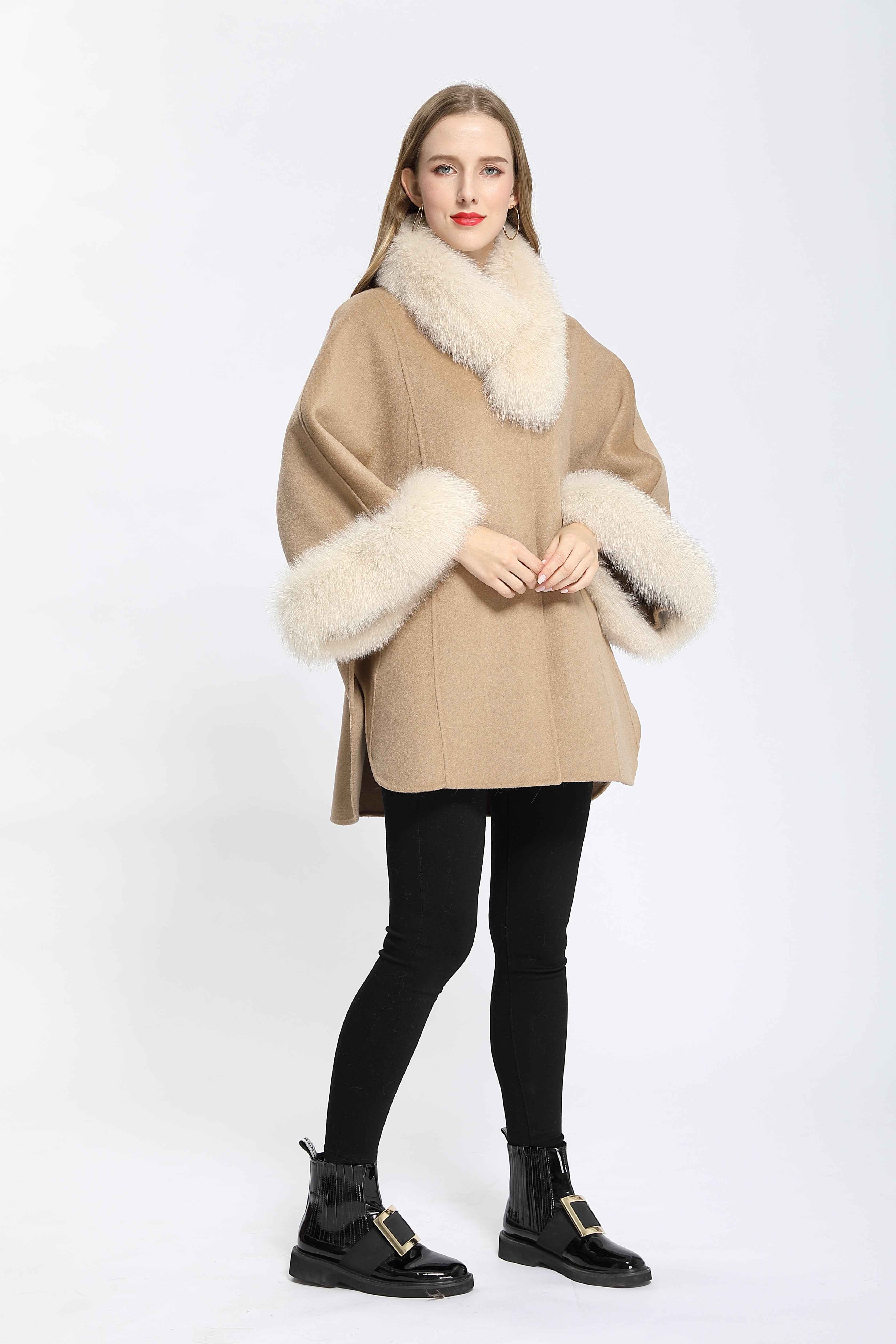 Women's Luxury Double - Faced Wool Cape with Removable Faux Fur Collar and Cuffs, Elegant Winter Outerwear