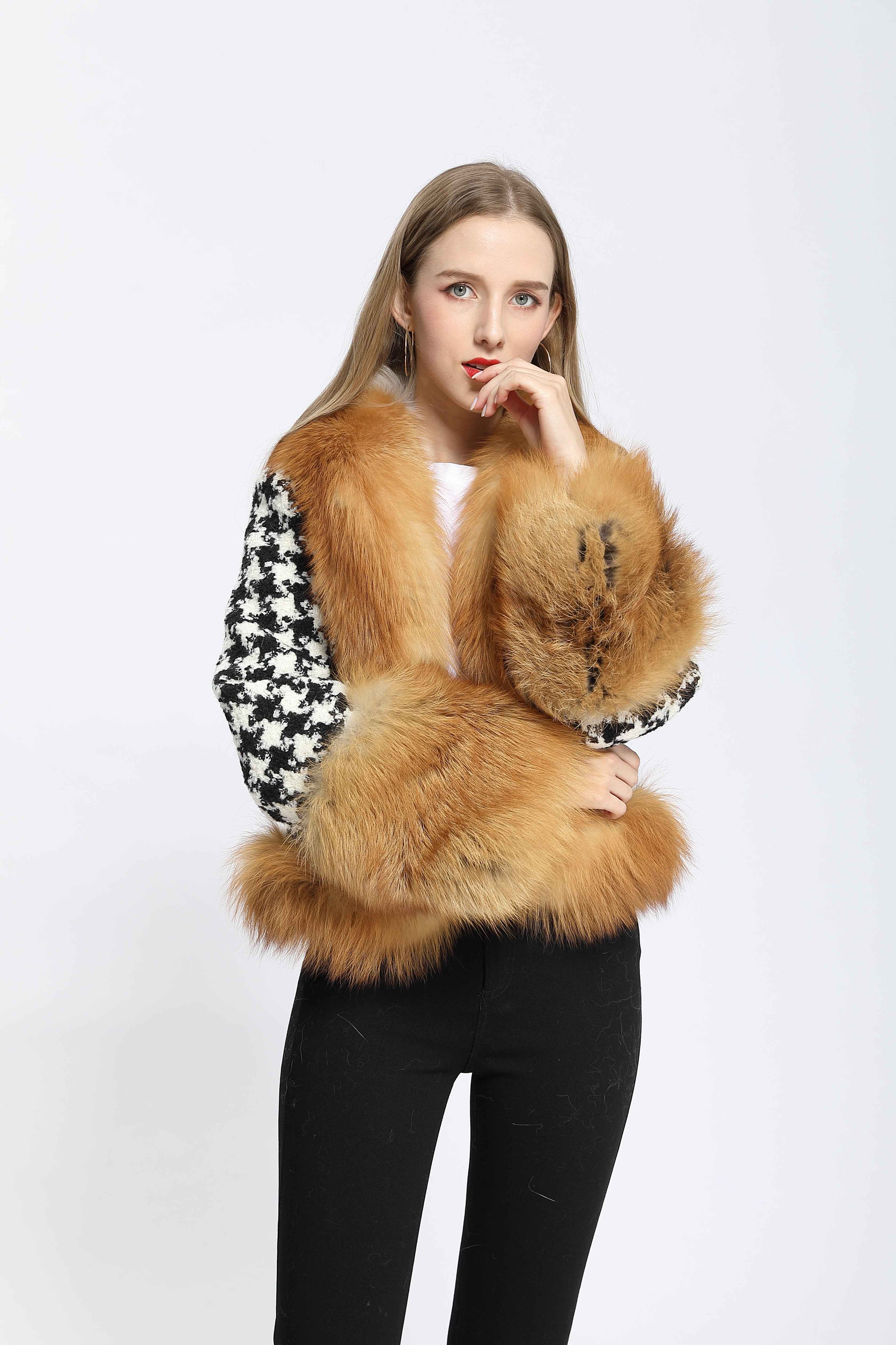 Women's Black White Houndstooth Wool Belted Coat with Fox Fur Collar and Cuffs Trim, Elegant Winter Jacket for Casual Outfits