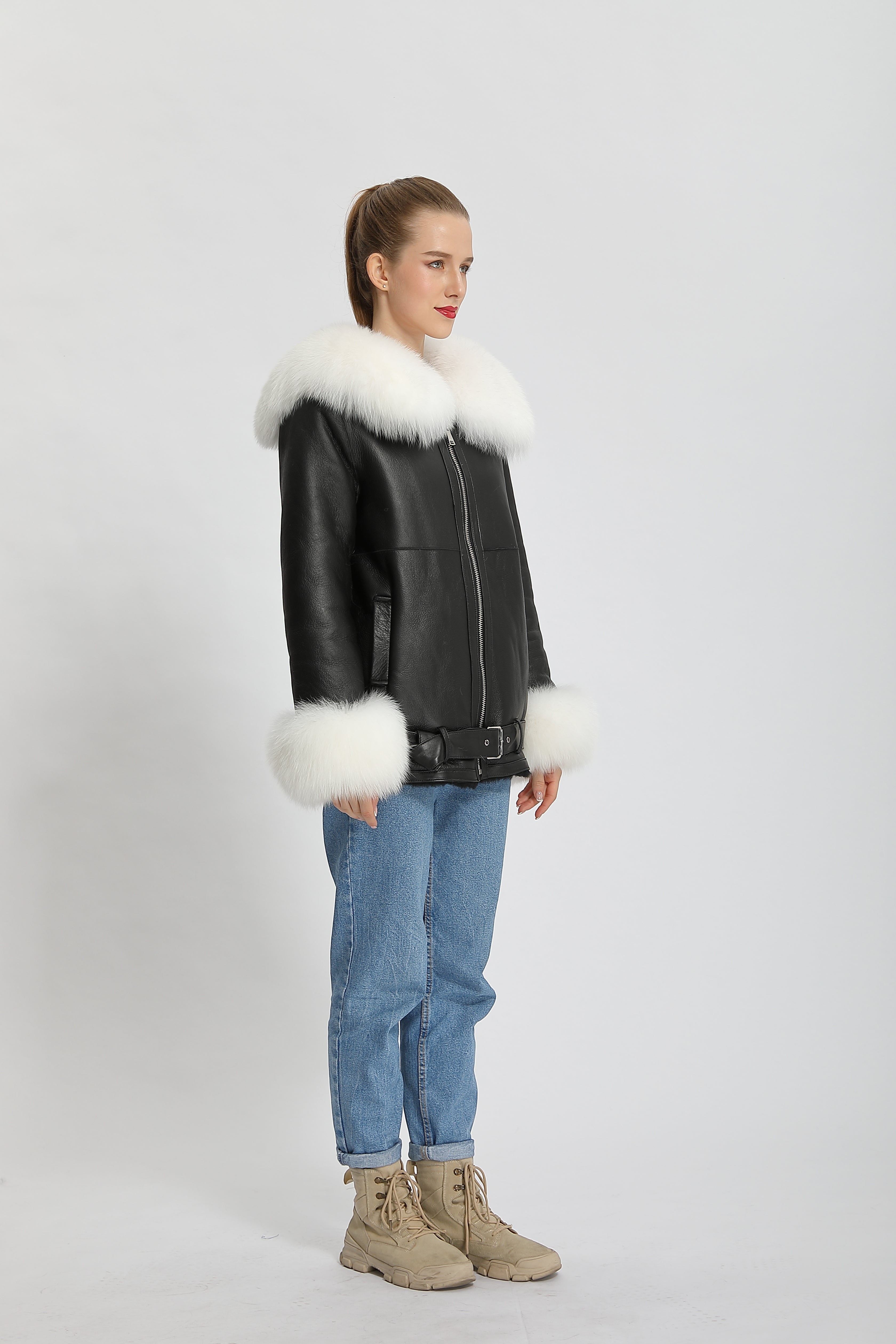 Women's Shearling Leather Jacket with Fox Fur Collar & Cuffs, Belted Waist - Luxe Winter Outerwear