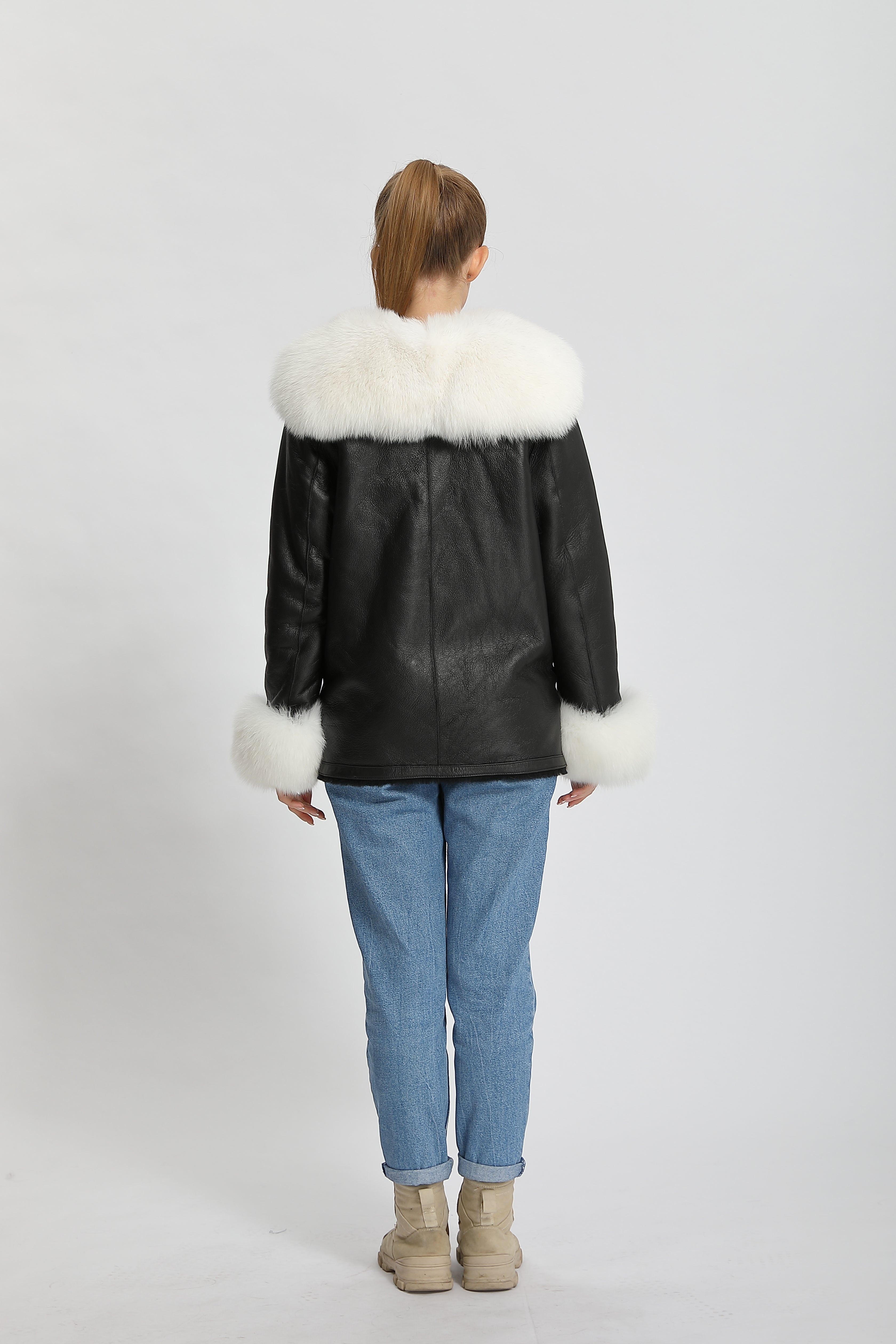Women's Shearling Leather Jacket with Fox Fur Collar & Cuffs, Belted Waist - Luxe Winter Outerwear
