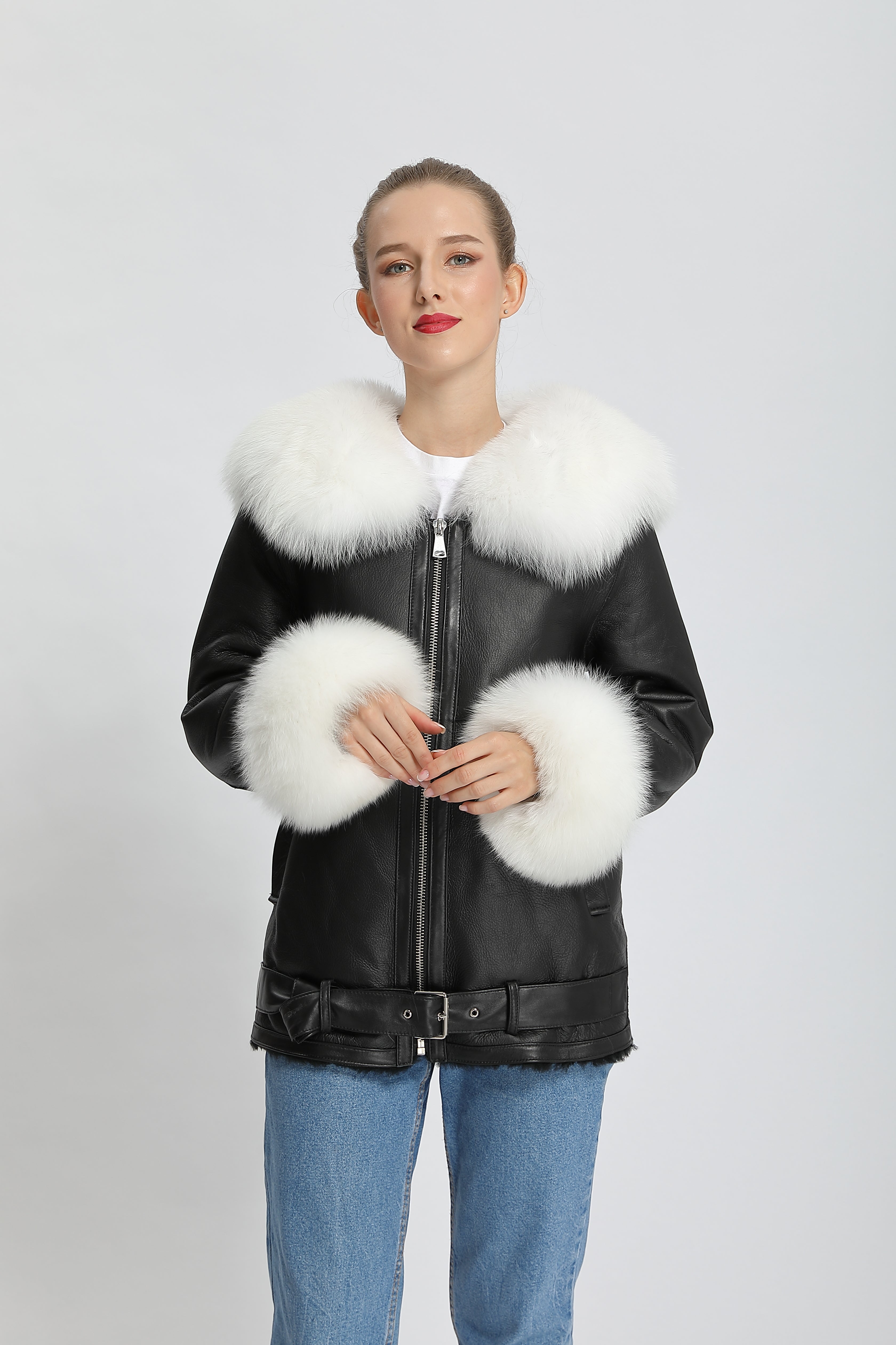 Women's Shearling Leather Jacket with Fox Fur Collar & Cuffs, Belted Waist - Luxe Winter Outerwear