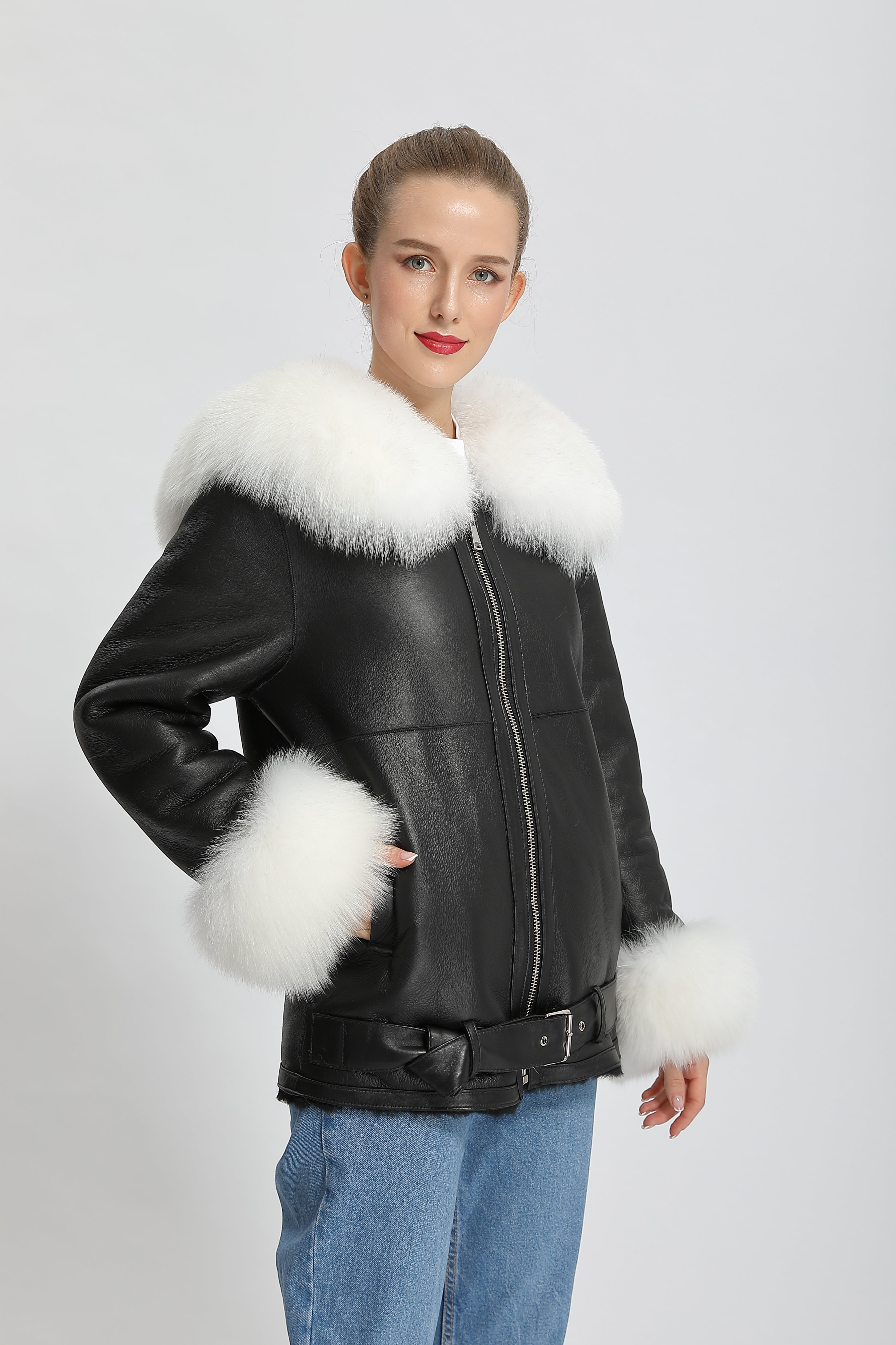 Women's Shearling Leather Jacket with Fox Fur Collar & Cuffs, Belted Waist - Luxe Winter Outerwear
