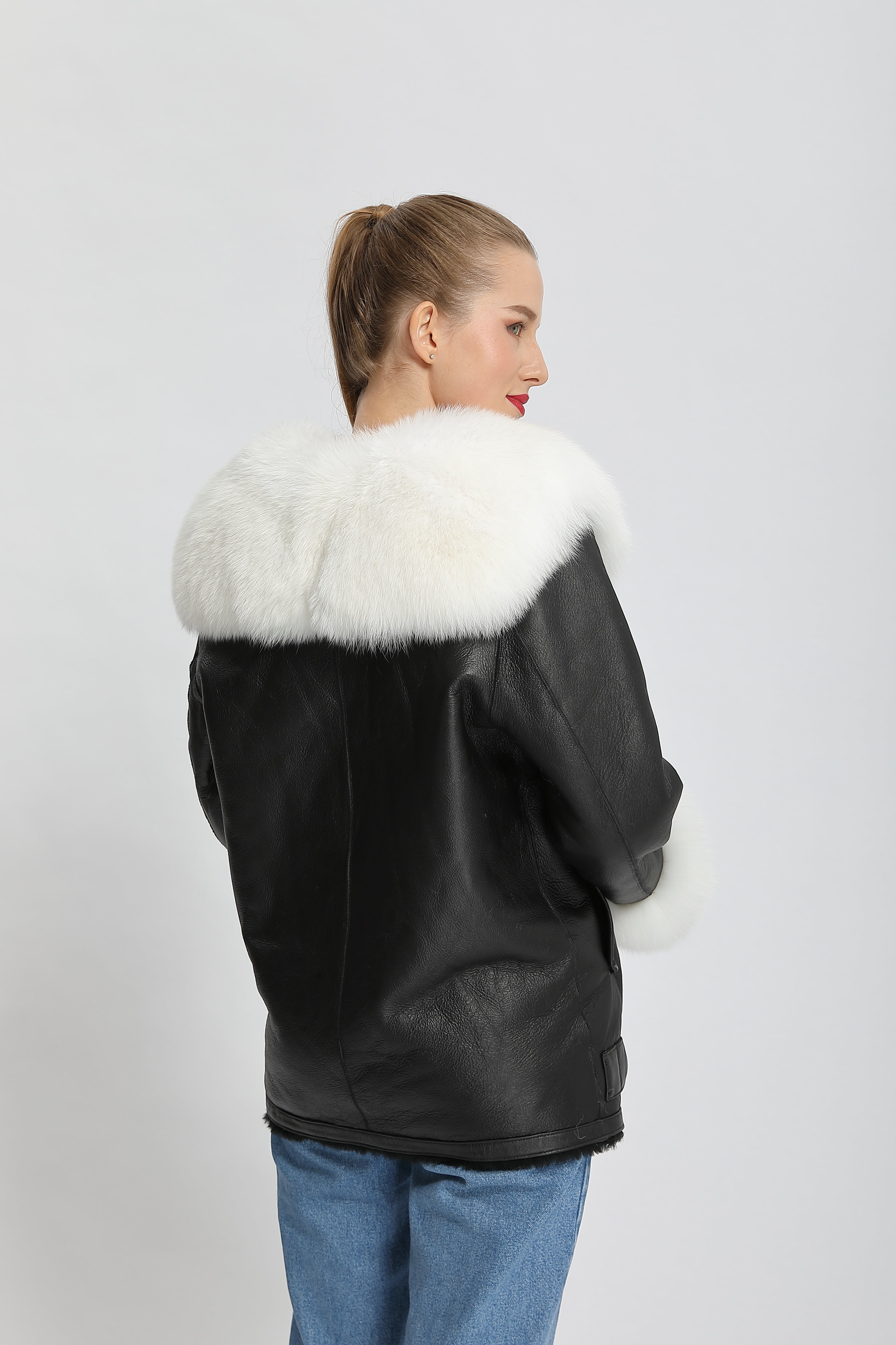 Women's Shearling Leather Jacket with Fox Fur Collar & Cuffs, Belted Waist - Luxe Winter Outerwear