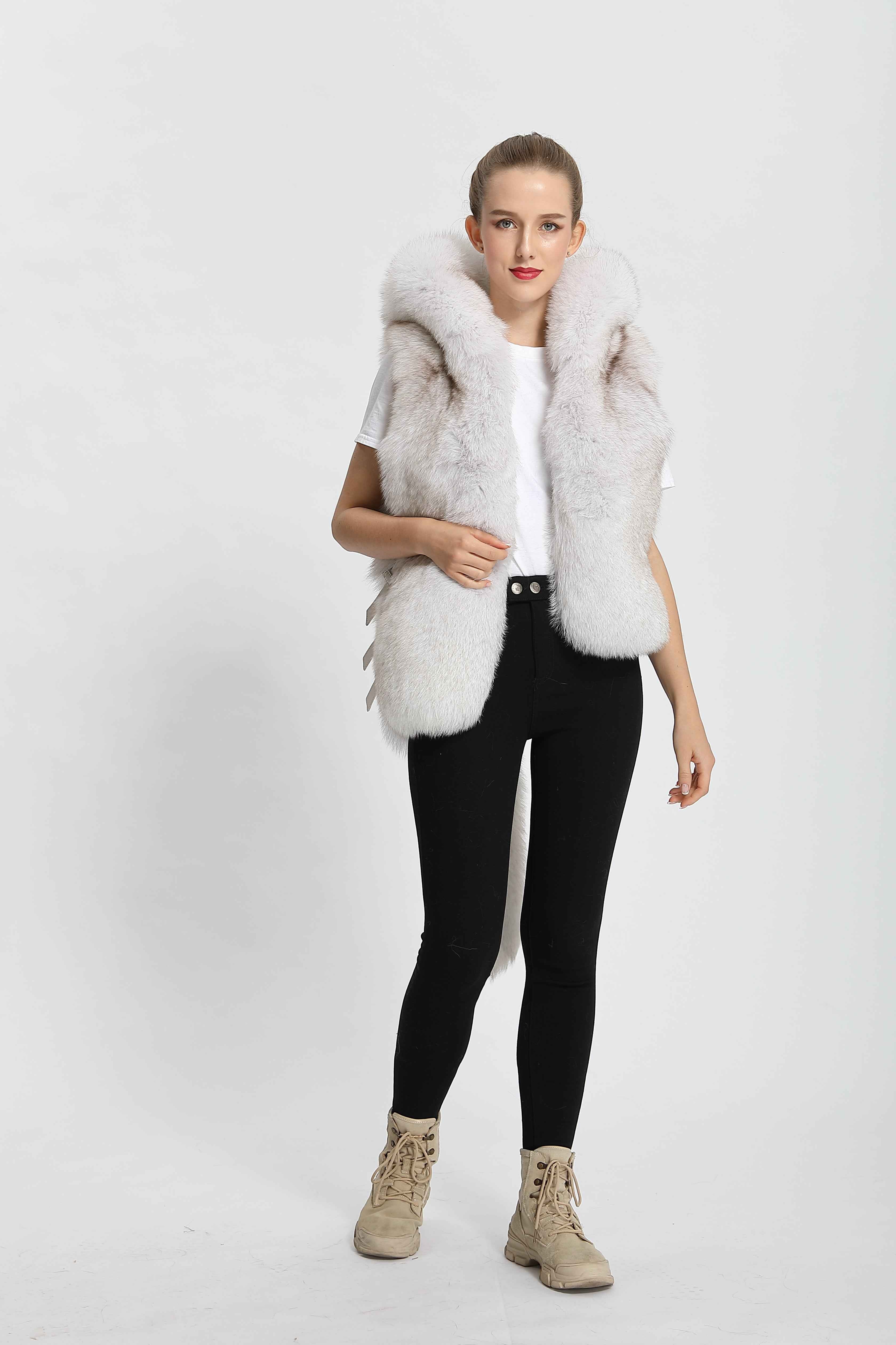 Women's Luxury Fox Fur Hooded Vest with Tail Detail - Bold Statement Outerwear White F