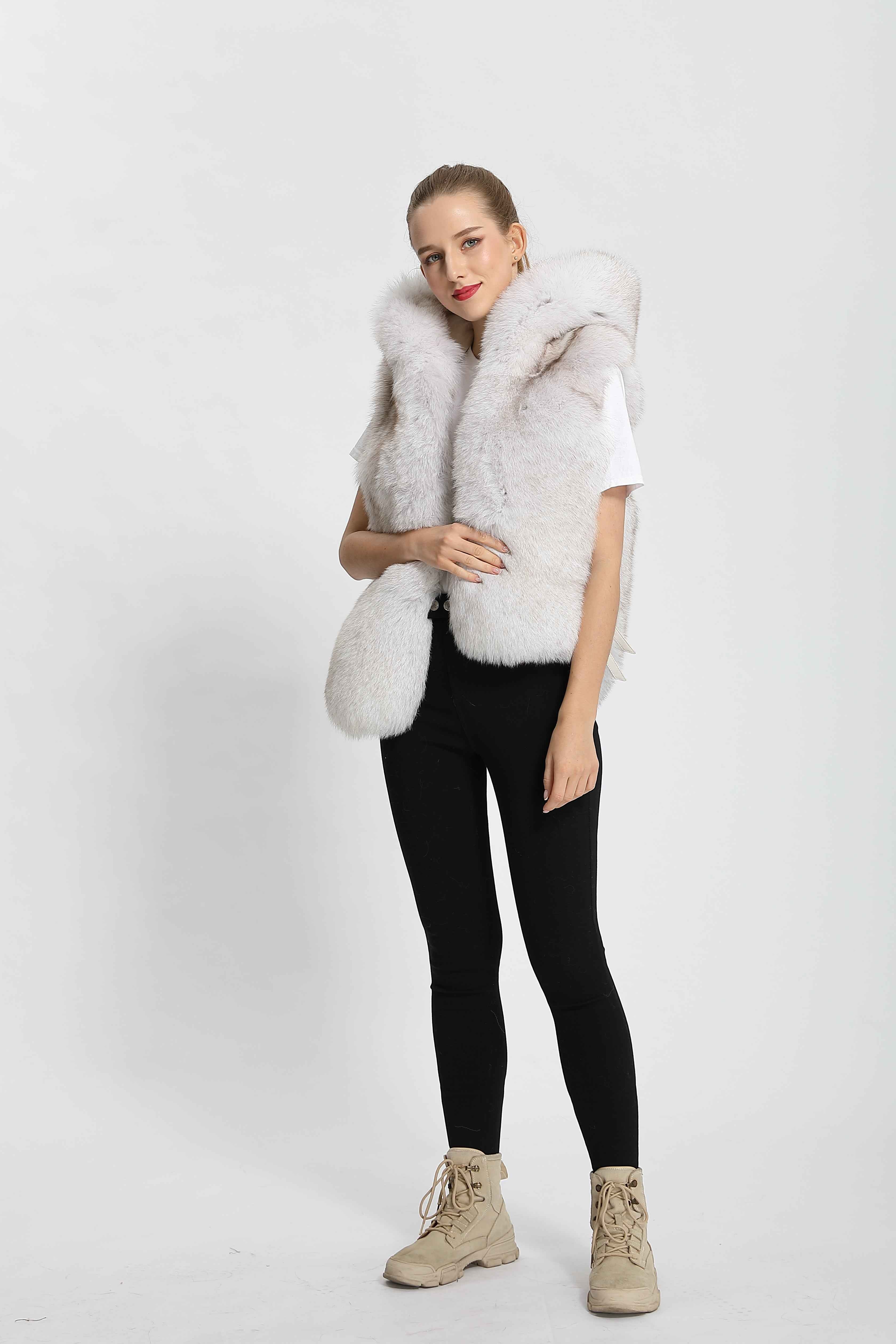 Women's Luxury Fox Fur Hooded Vest with Tail Detail - Bold Statement Outerwear