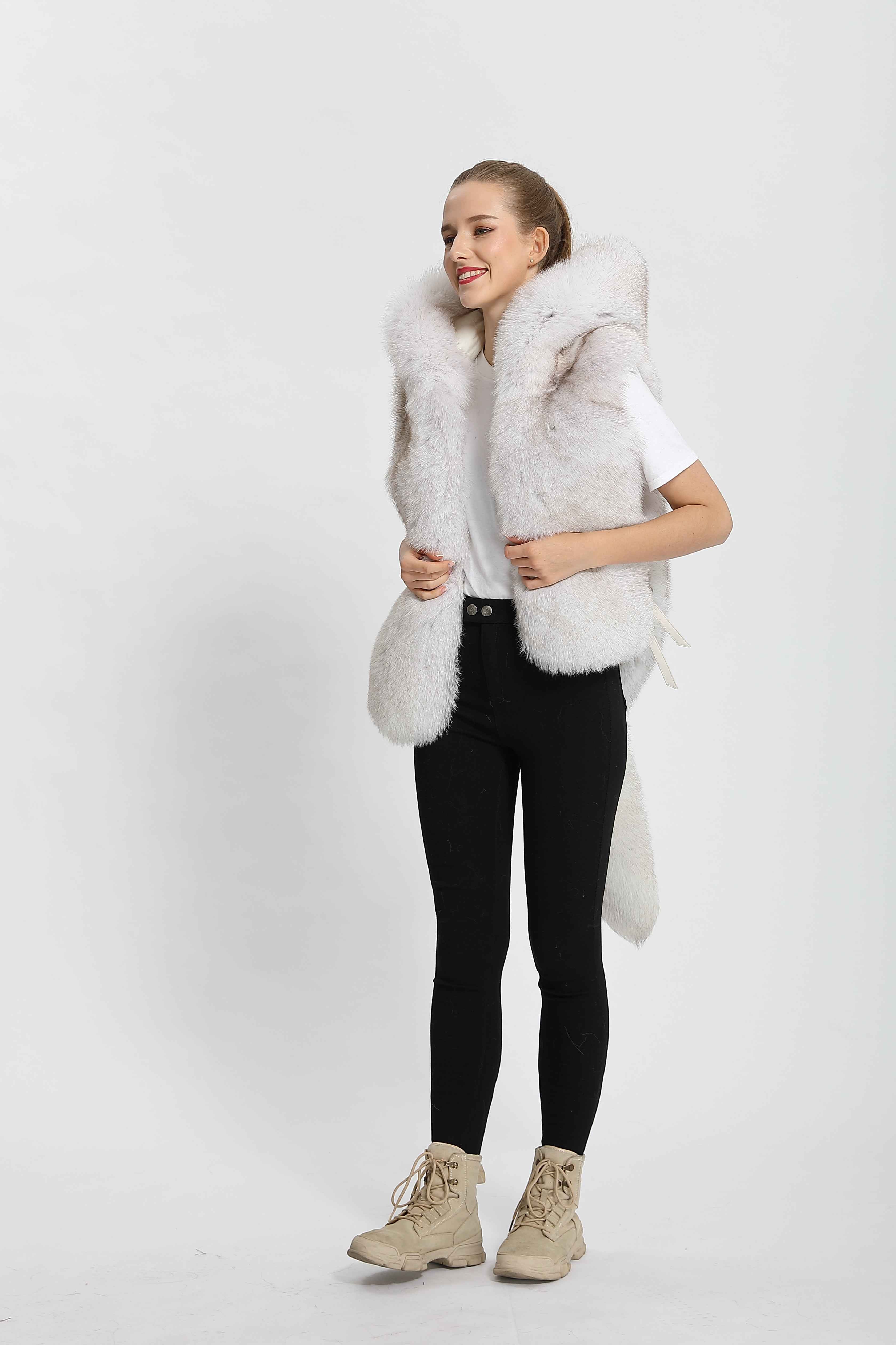 Women's Luxury Fox Fur Hooded Vest with Tail Detail - Bold Statement Outerwear