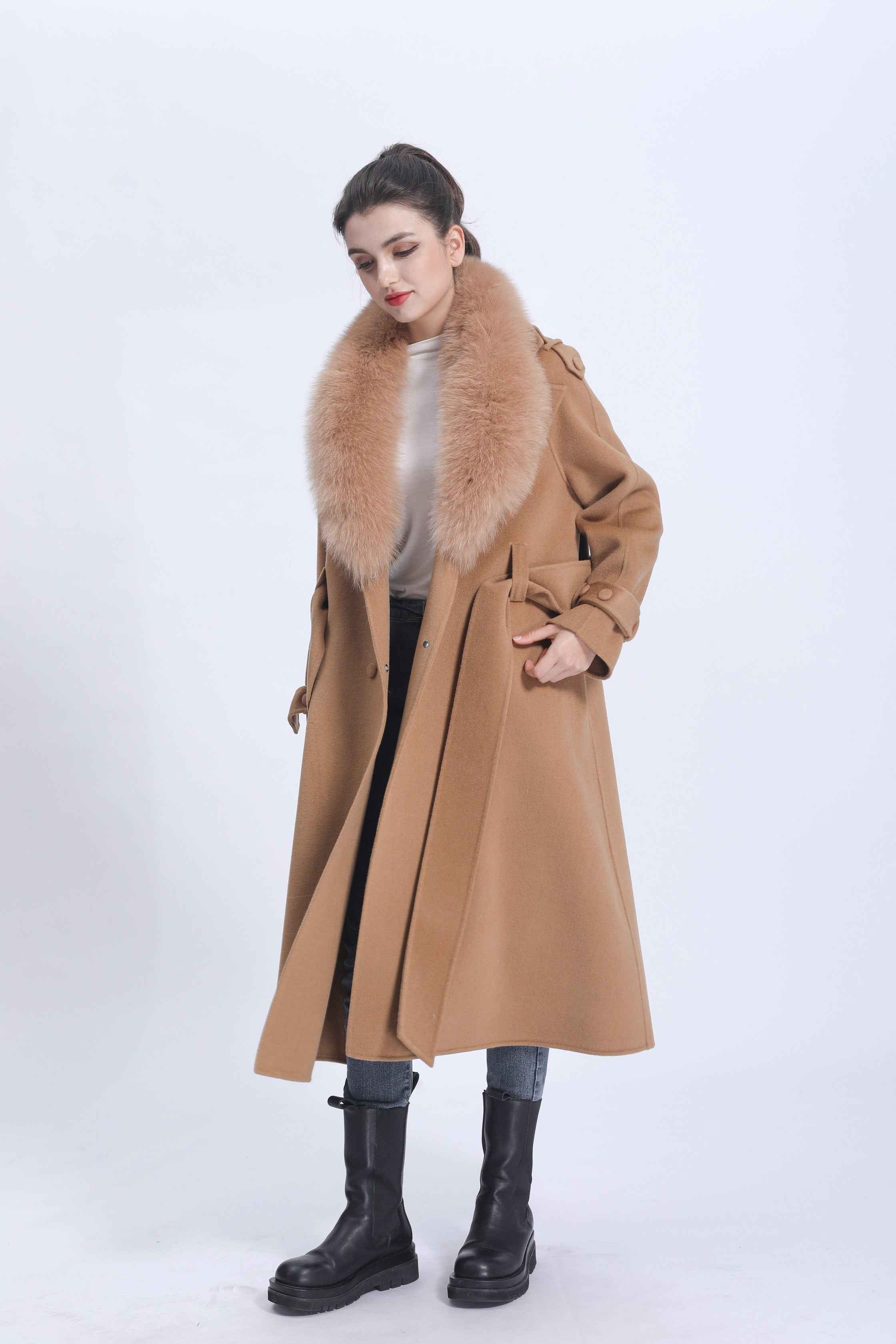 Luxury Double-Faced Wool Coat with Oversized Fox Fur Collar and Belted Cuff Design