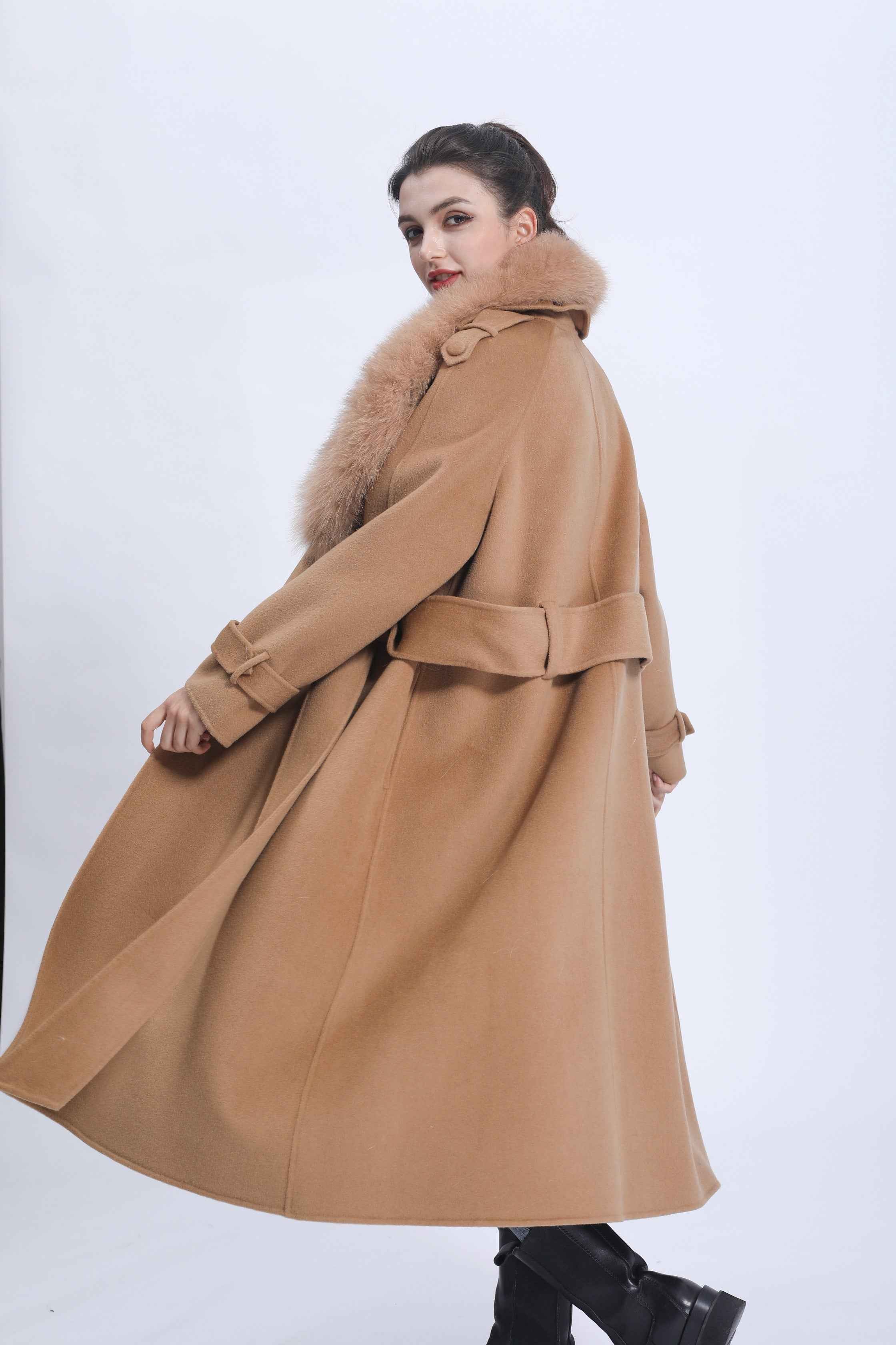 Luxury Double-Faced Wool Coat with Oversized Fox Fur Collar and Belted Cuff Design