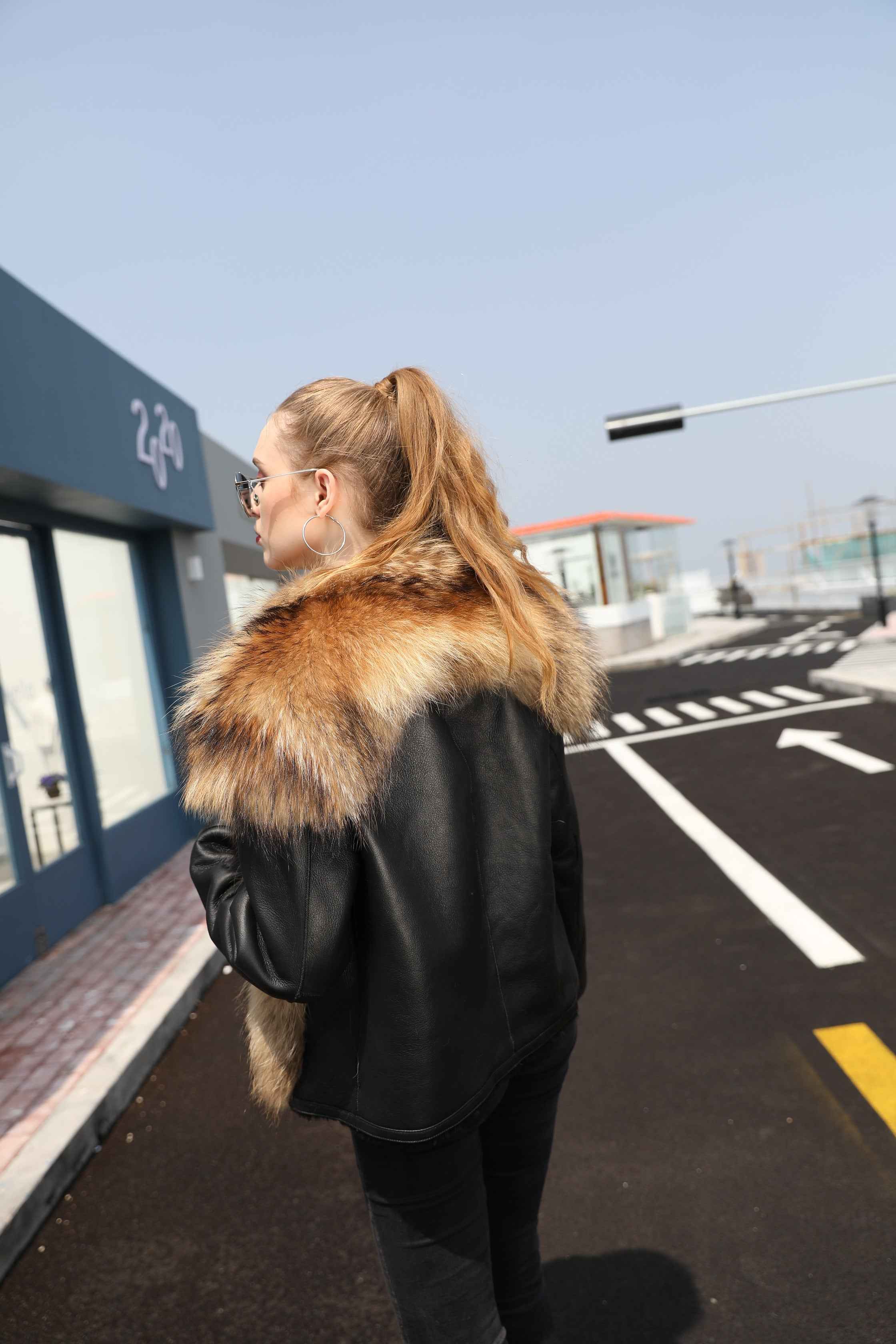 Women's Shearling Leather Coat with Raccoon Fur Trim - Windproof Luxury Winter Outerwear