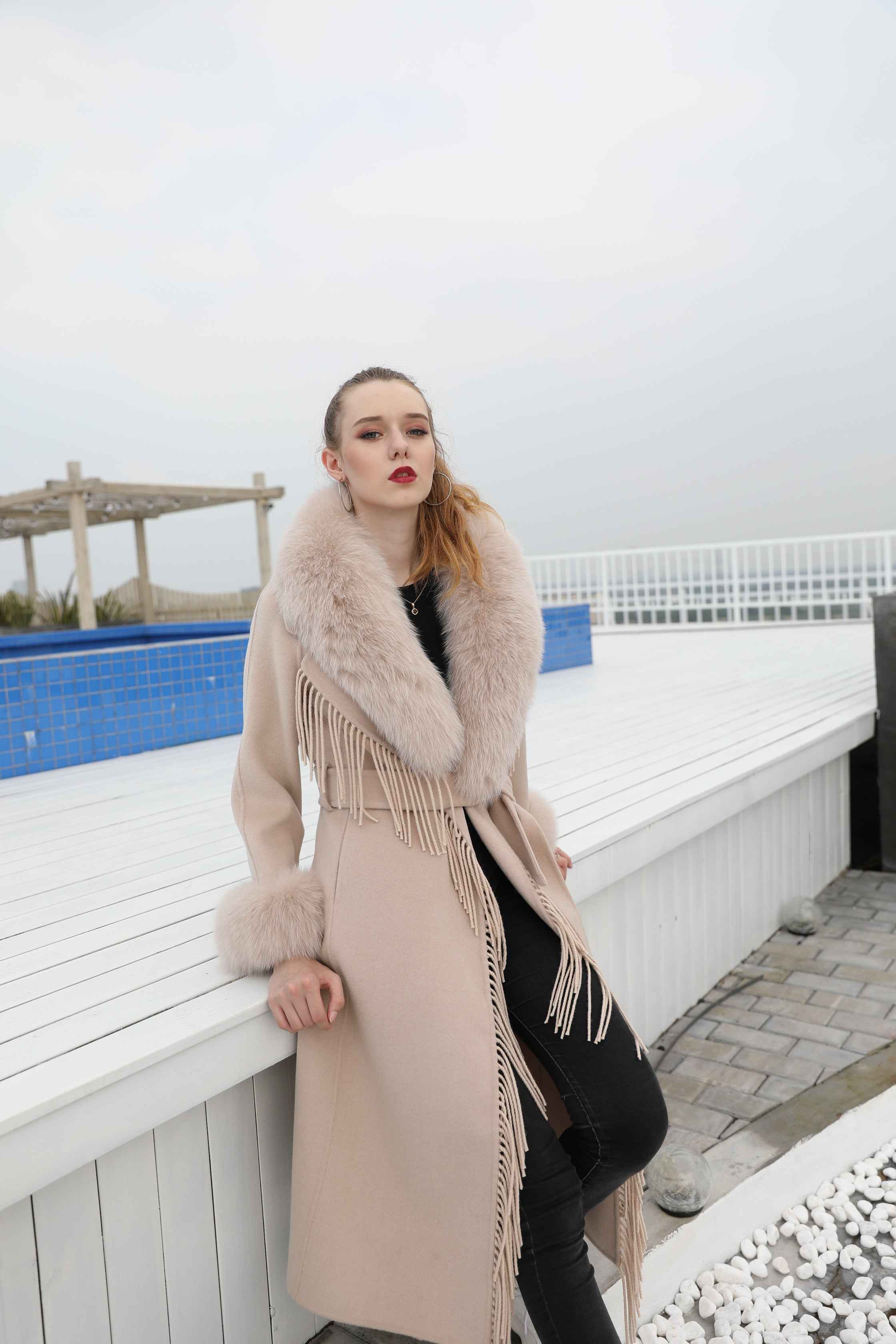 Women's Luxury Double - Faced Wool Coat with Fringe Detailing, Fox Fur Collar and Cuffs, Belted Elegant Winter Outerwear