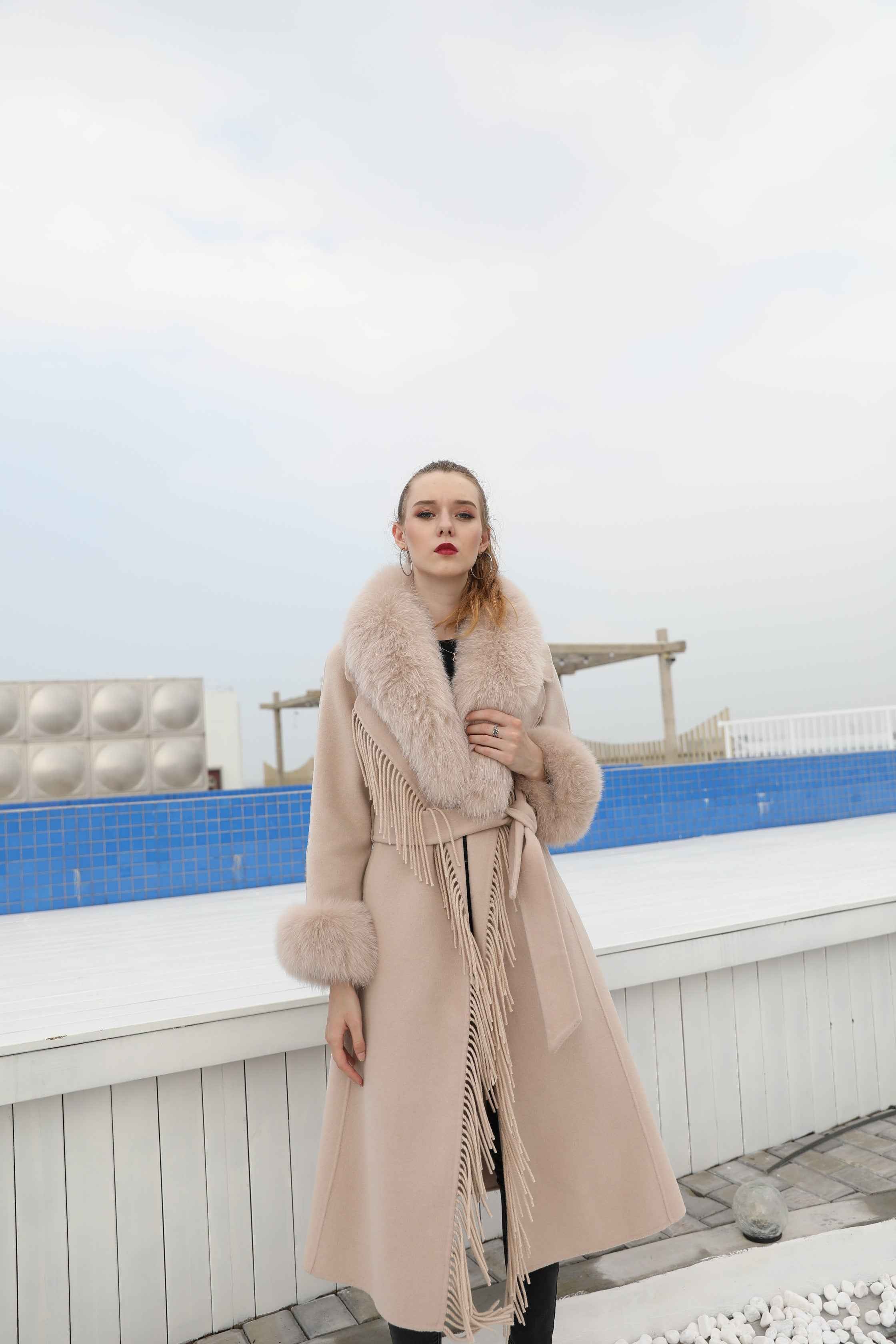 Women's Luxury Double - Faced Wool Coat with Fringe Detailing, Fox Fur Collar and Cuffs, Belted Elegant Winter Outerwear