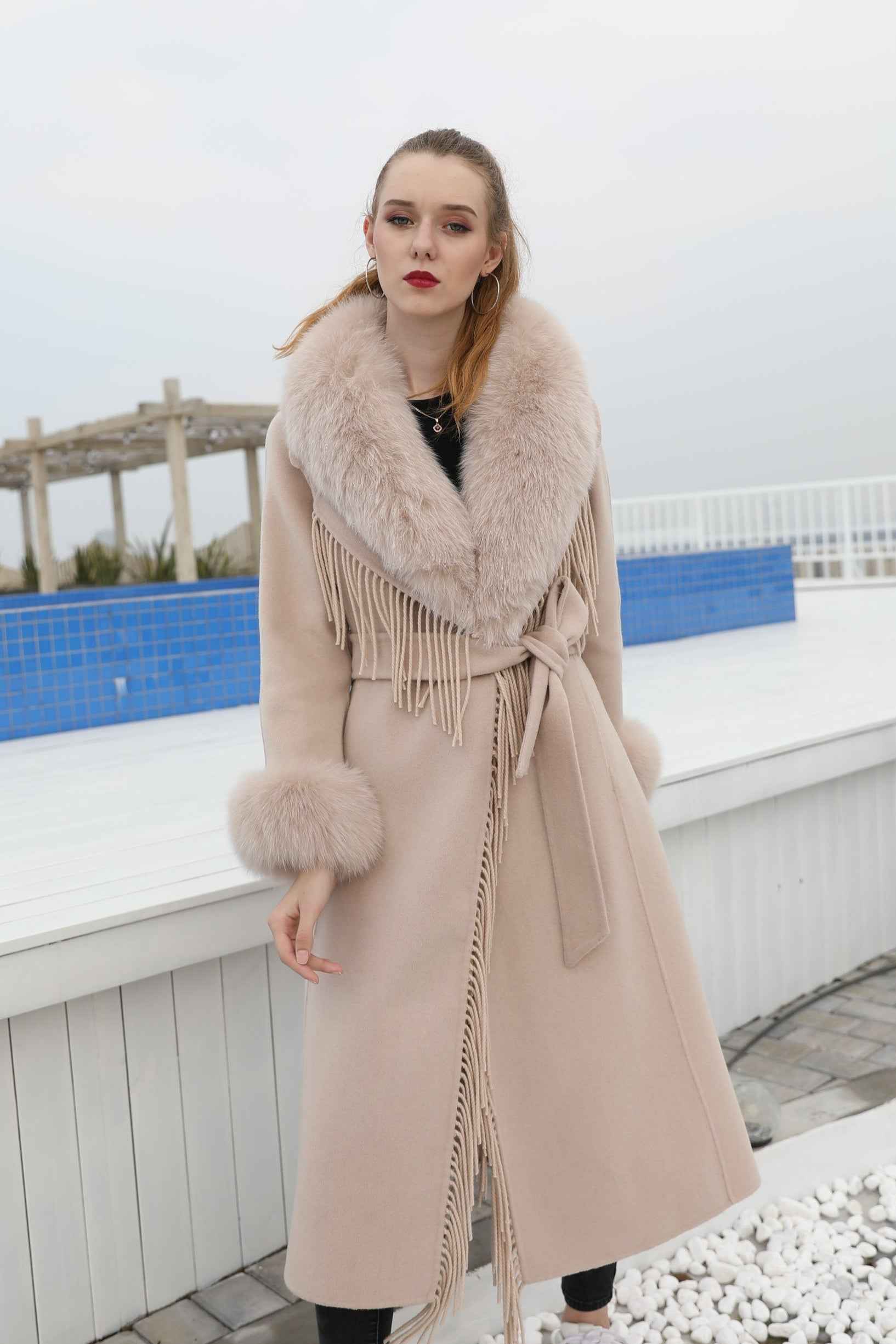 Women's Luxury Double - Faced Wool Coat with Fringe Detailing, Fox Fur Collar and Cuffs, Belted Elegant Winter Outerwear