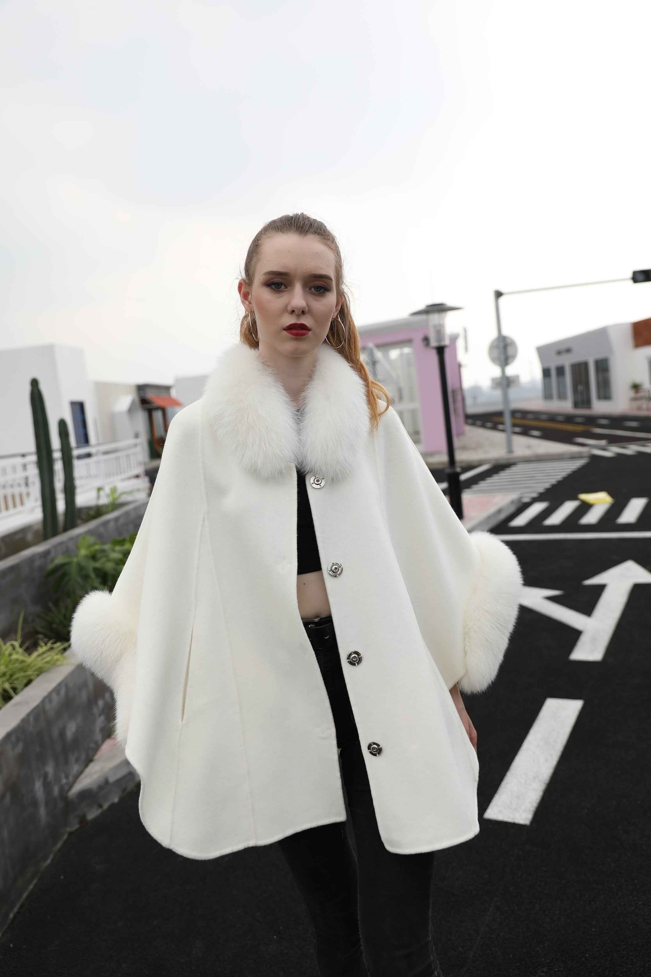 Women's White Faux Fur Trim Cape Coat, Double-Faced Wool Long Oversized Jacket for Winter Casual Outfits