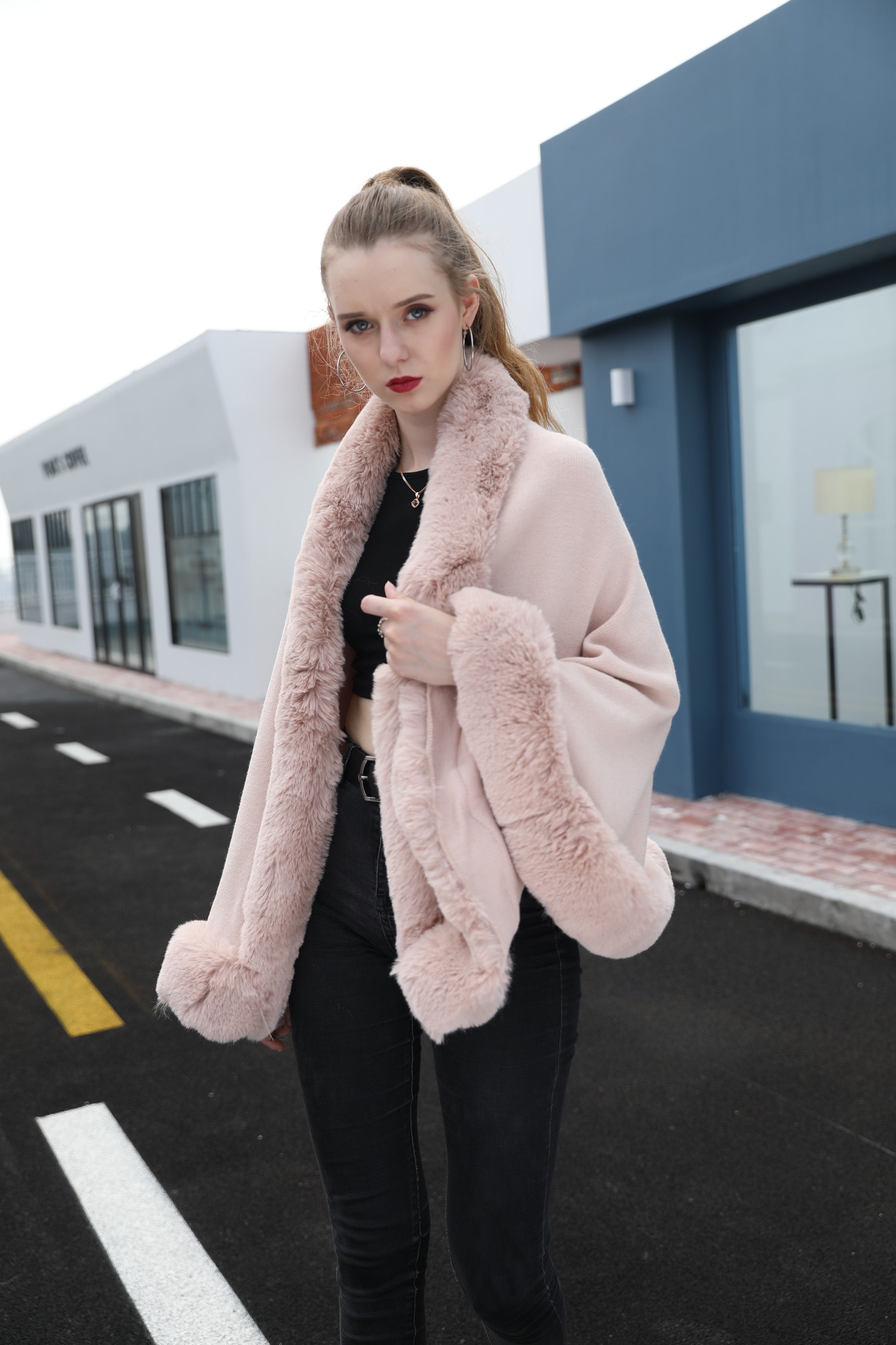 Women's Faux Fur Trimmed Cape with Front Placket & Hem Detailing - Luxurious Winter Accessory