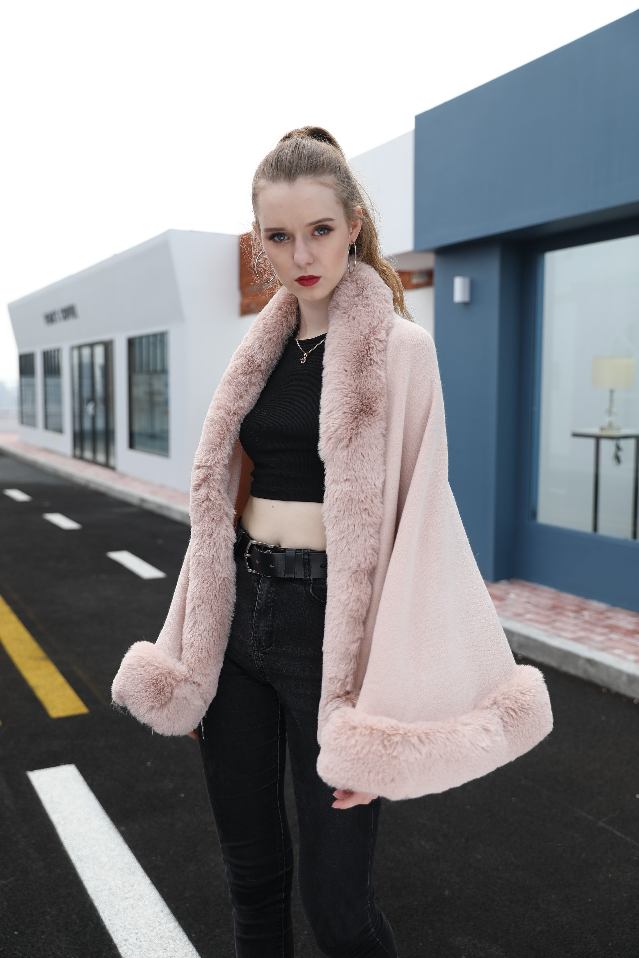 Women's Faux Fur Trimmed Cape with Front Placket & Hem Detailing - Luxurious Winter Accessory