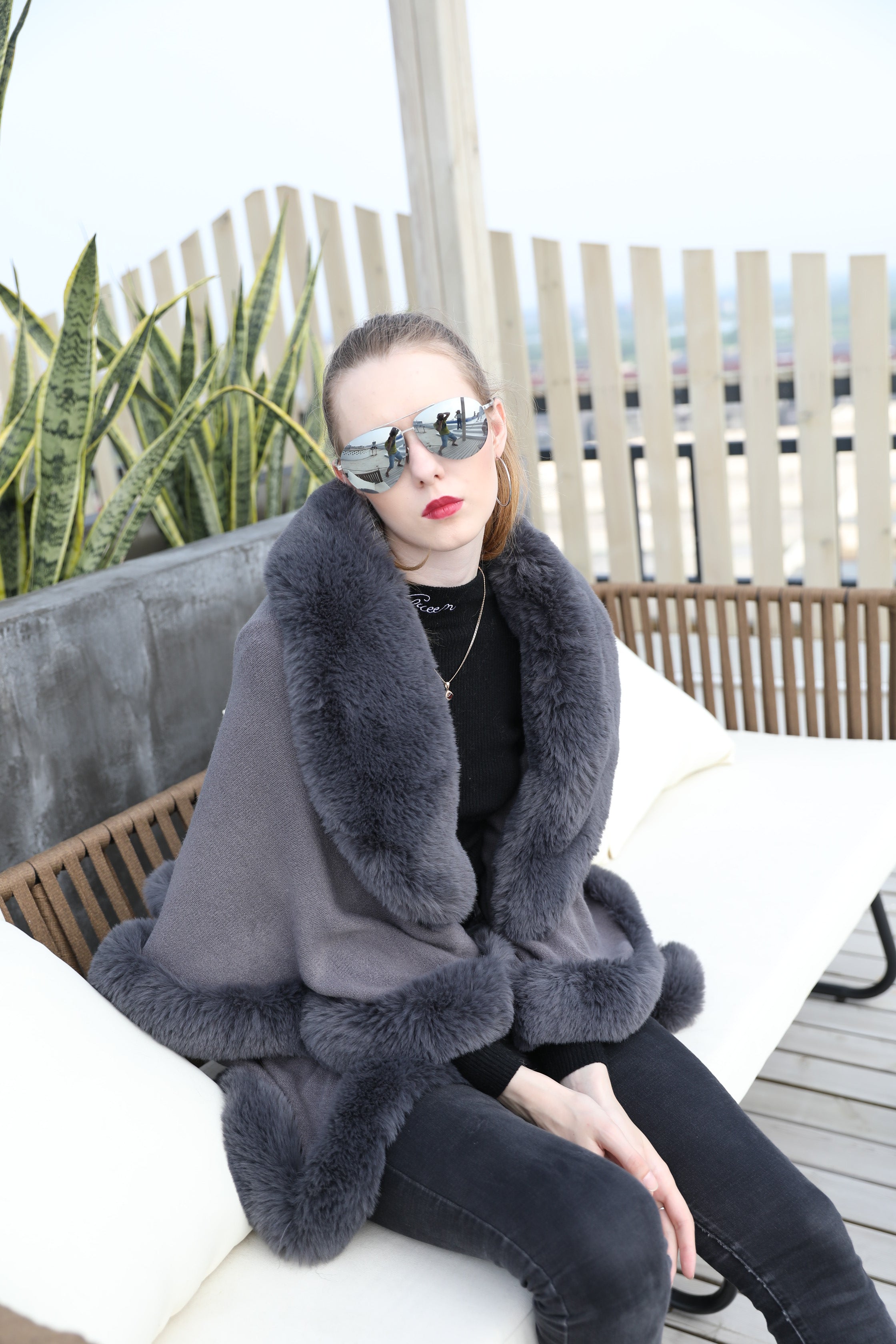 Women's Faux Fur Shawl with Shawl Collar - Luxurious Winter Cape Accessory