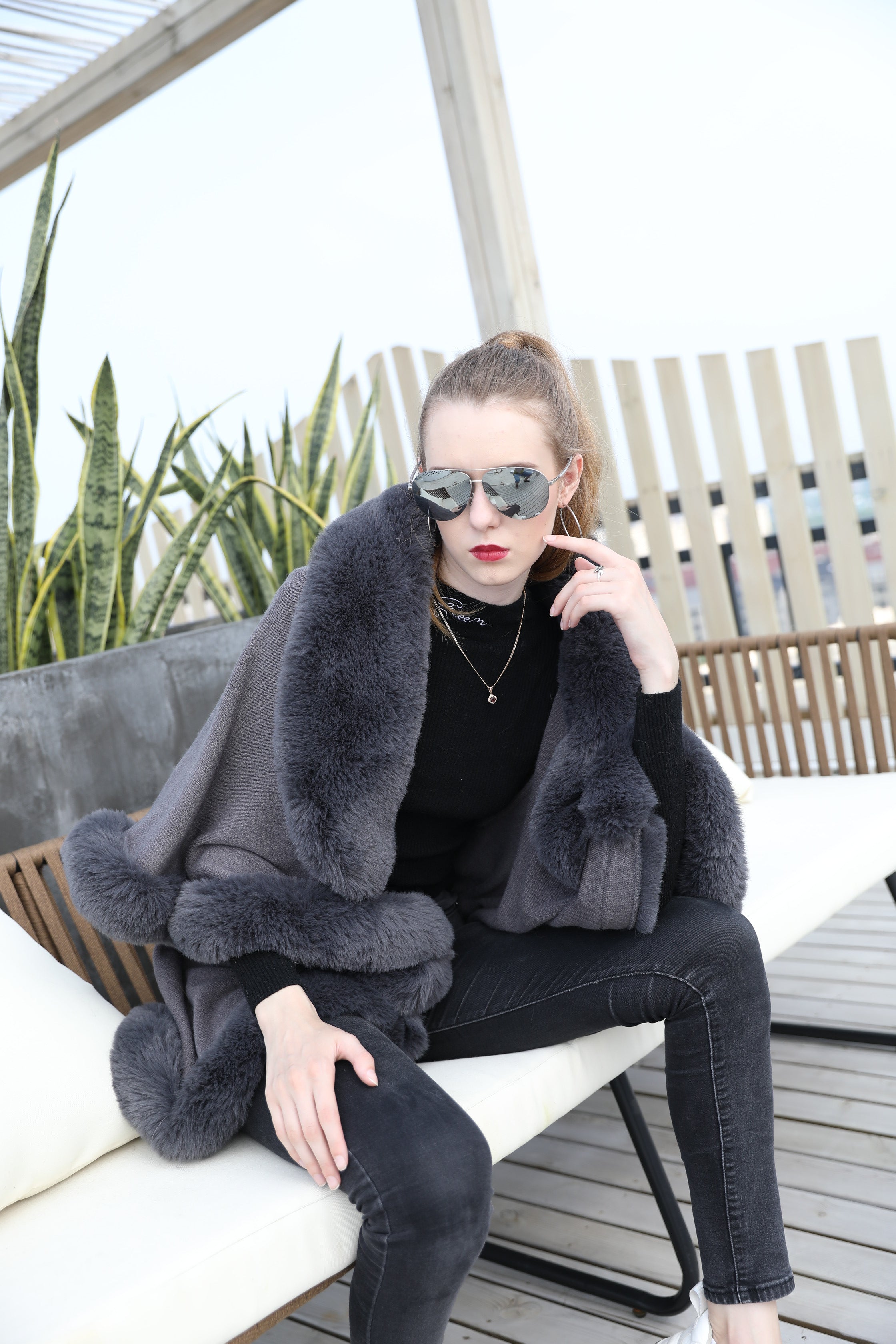 Women's Faux Fur Shawl with Shawl Collar - Luxurious Winter Cape Accessory