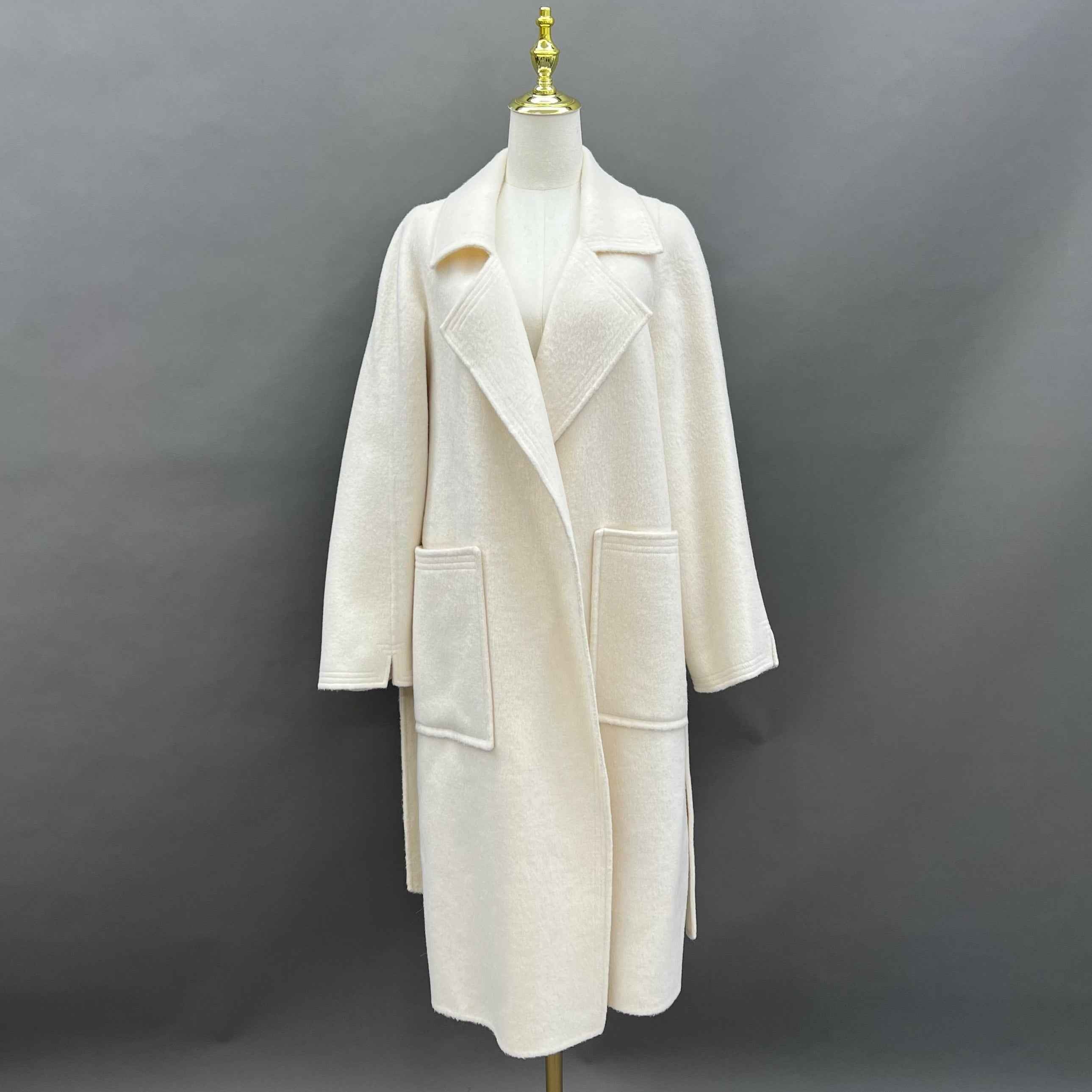 Autumn Winter Cream Cashmere Wool Double - faced Coat with Belt White