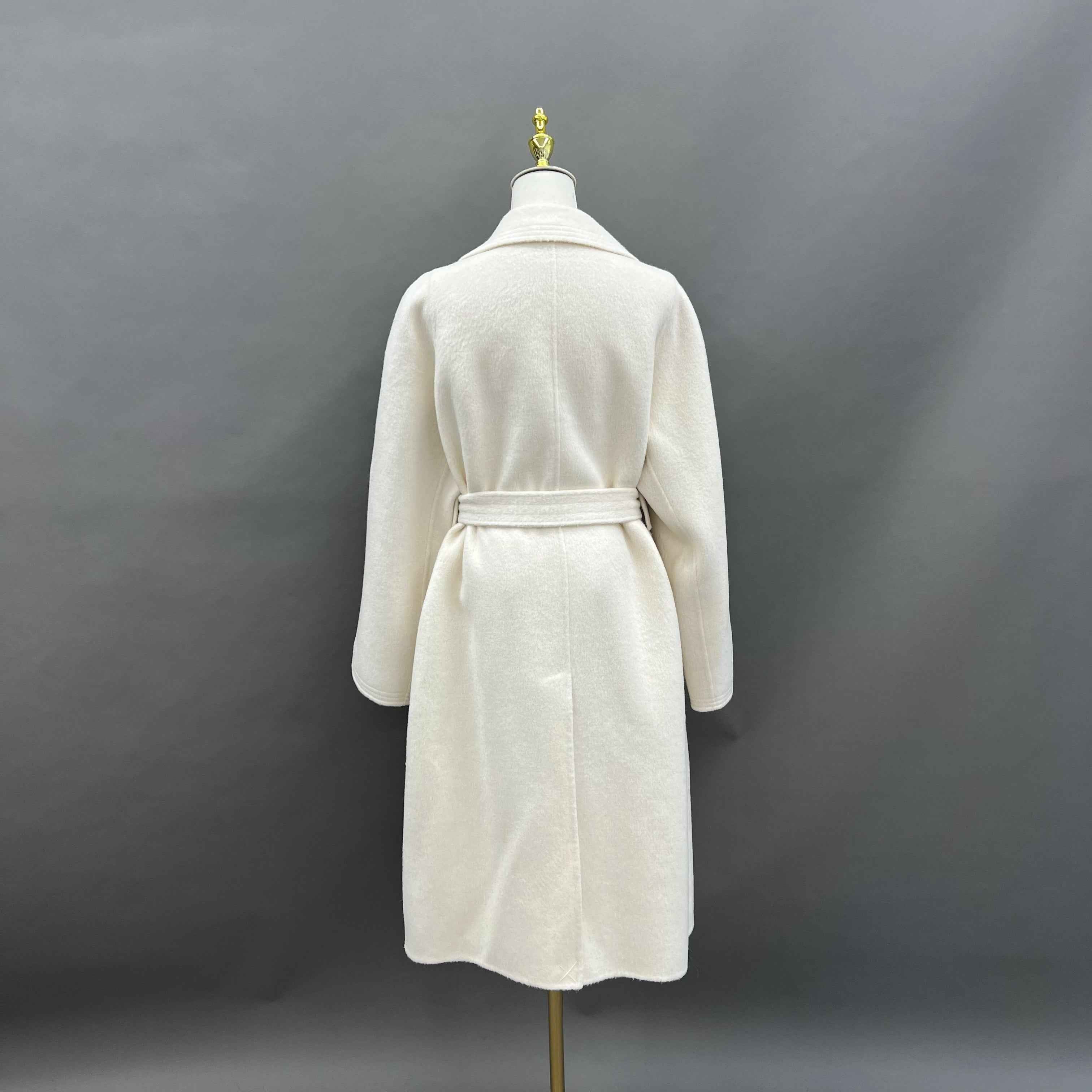 Autumn Winter Cream Cashmere Wool Double - faced Coat with Belt