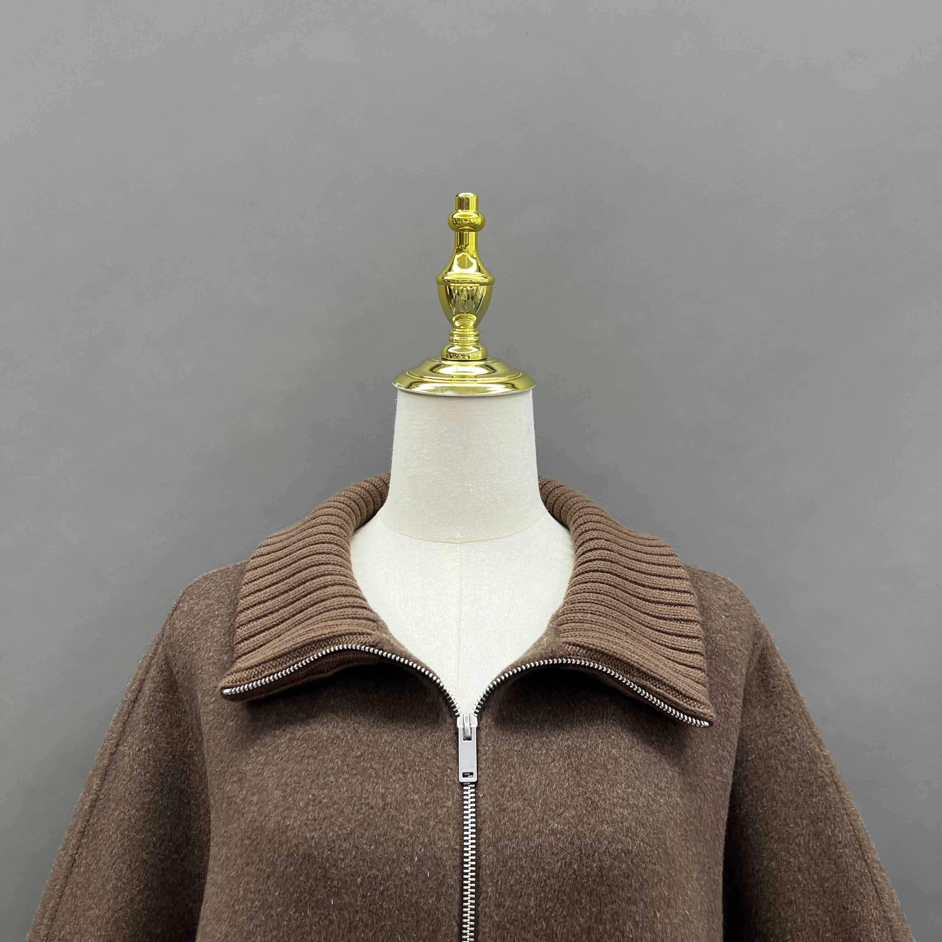 Autumn Winter Brown Cashmere Wool Coat with Zip & Ribbed Details