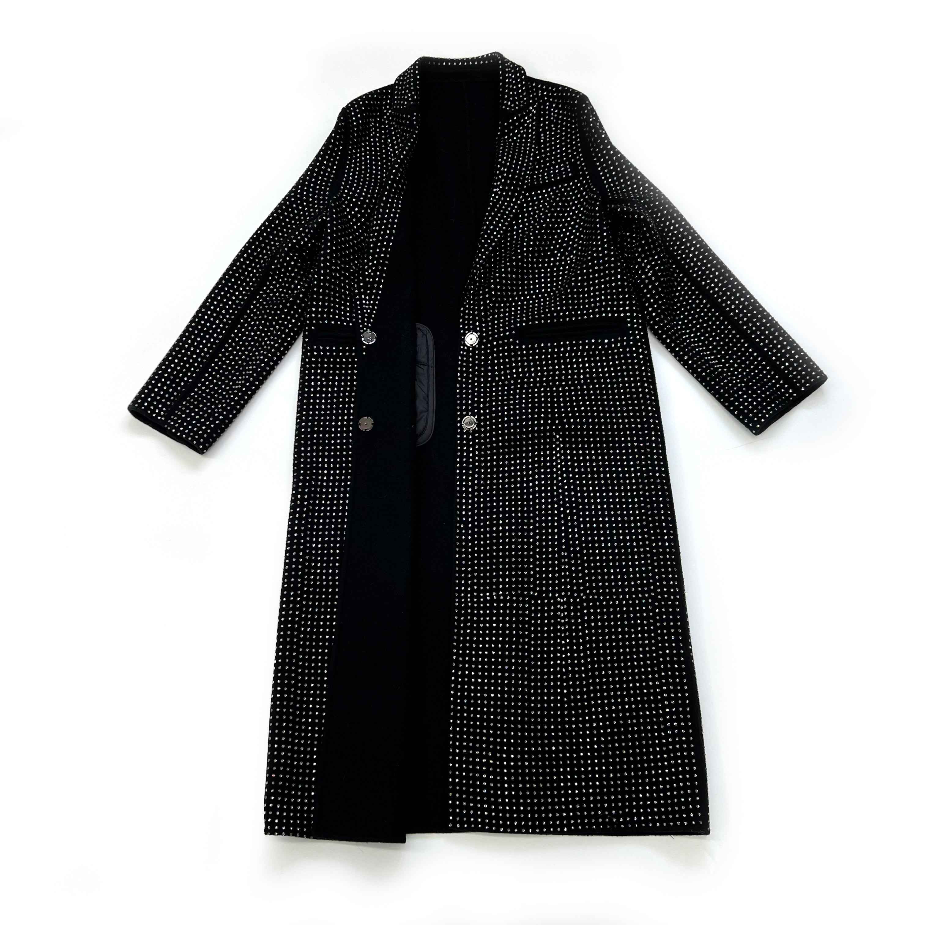 Women's Black Cashmere Double - Sided Coat with Full Rhinestone Embellishment