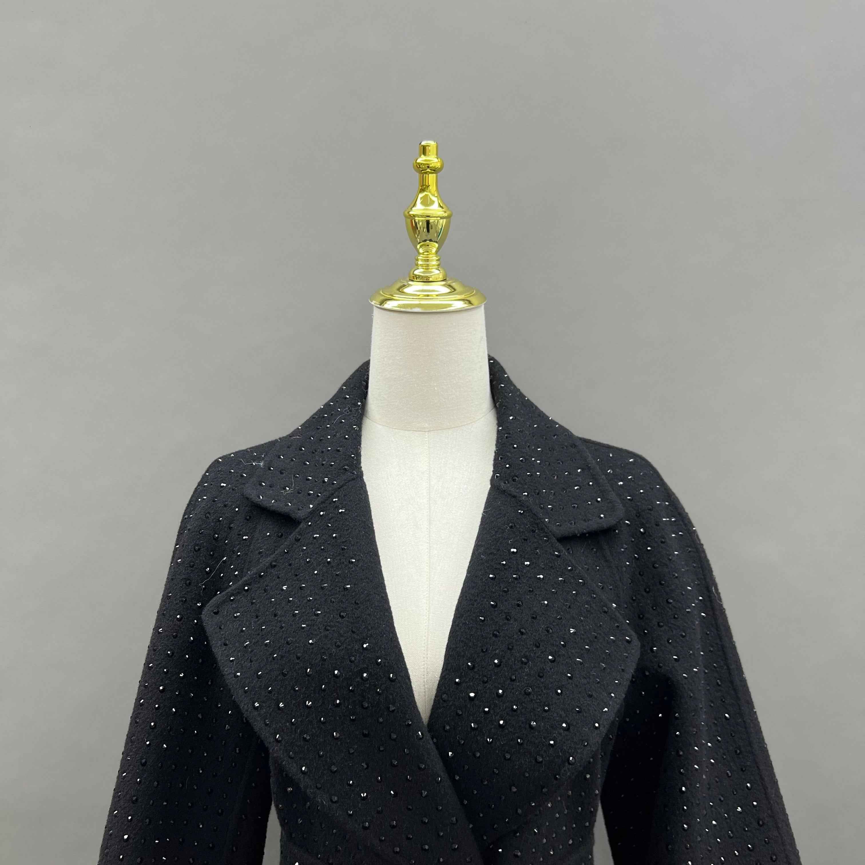 Women's Black Cashmere Double - Sided Embellished Coat with Tie Belt