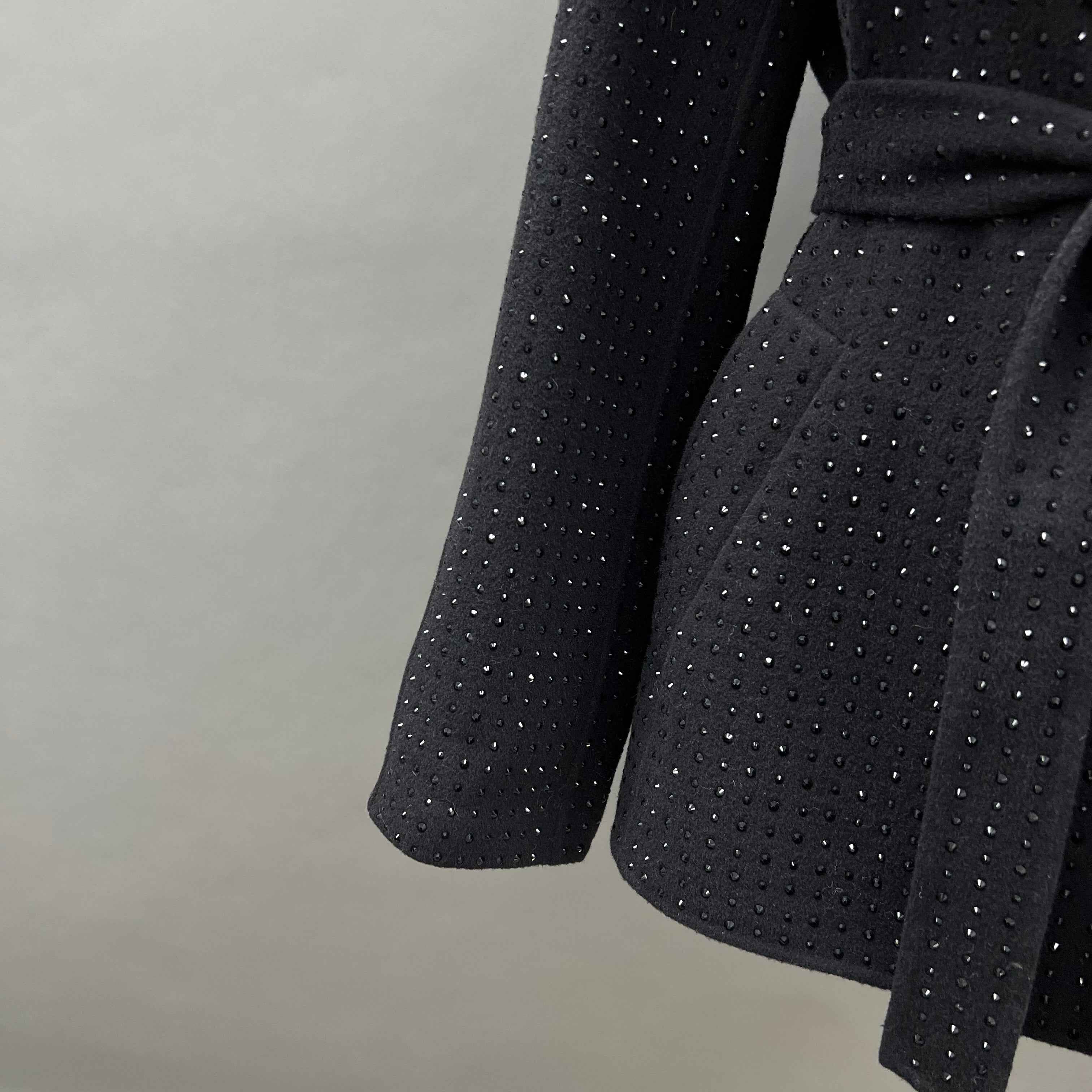 Women's Black Cashmere Double - Sided Embellished Coat with Tie Belt