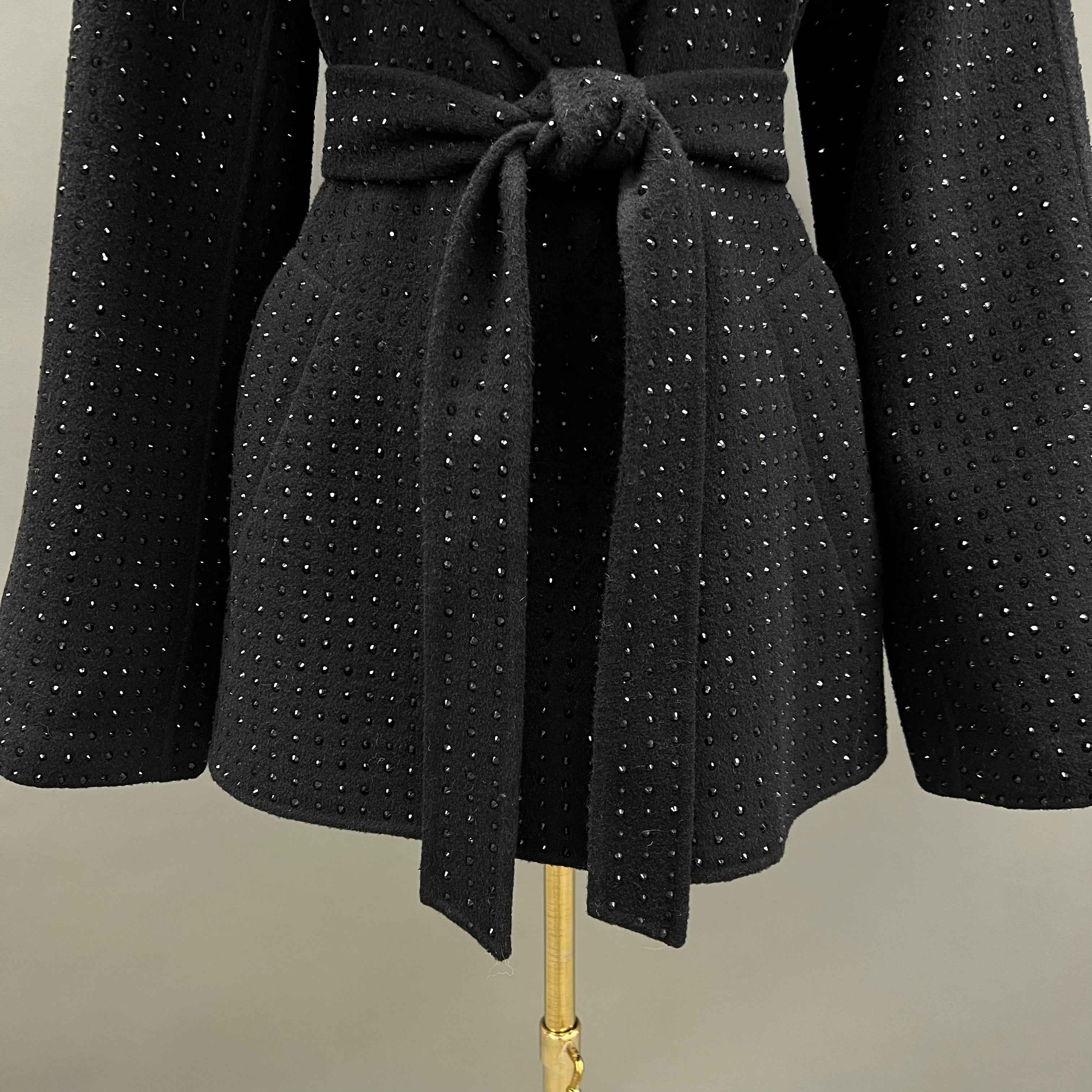 Women's Black Cashmere Double - Sided Embellished Coat with Tie Belt
