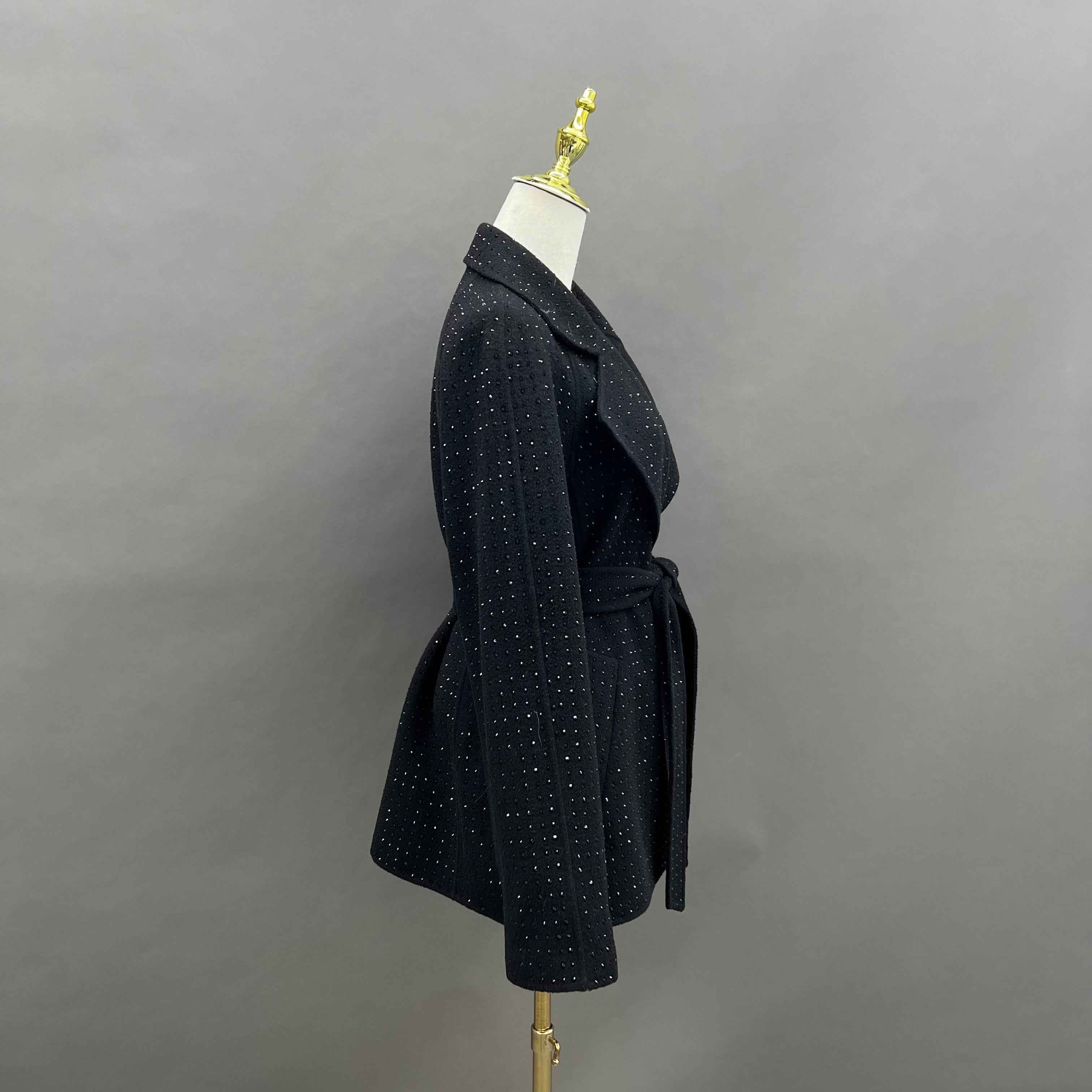 Women's Black Cashmere Double - Sided Embellished Coat with Tie Belt