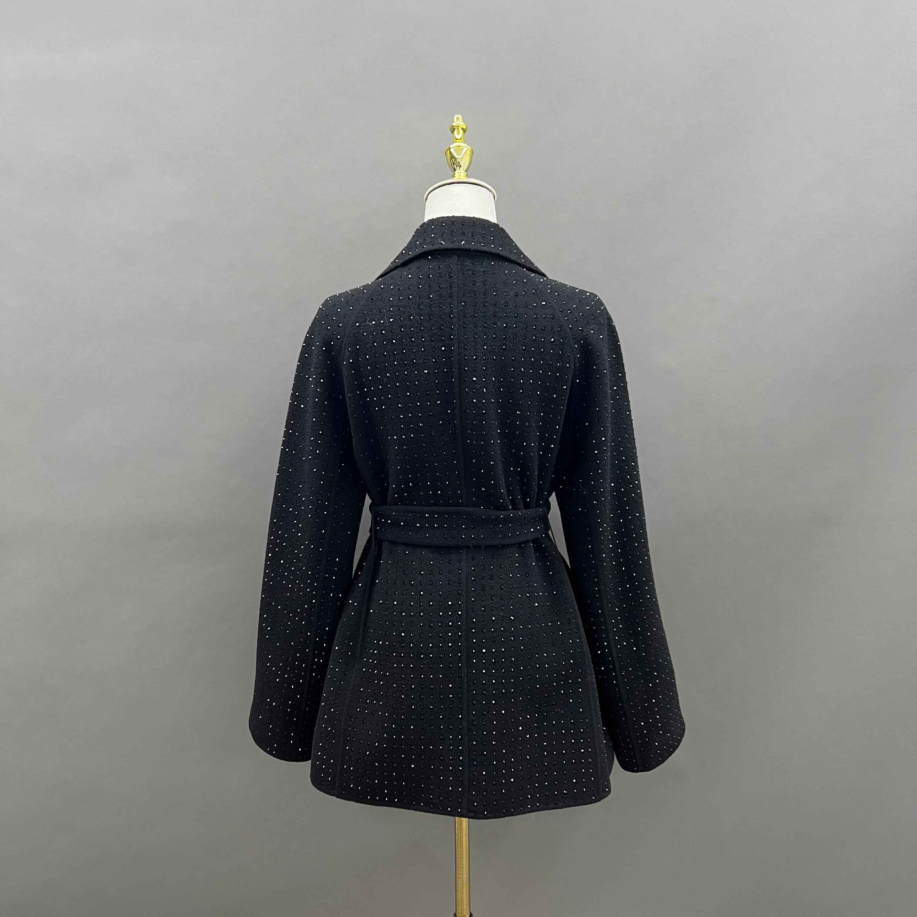Women's Black Cashmere Double - Sided Embellished Coat with Tie Belt