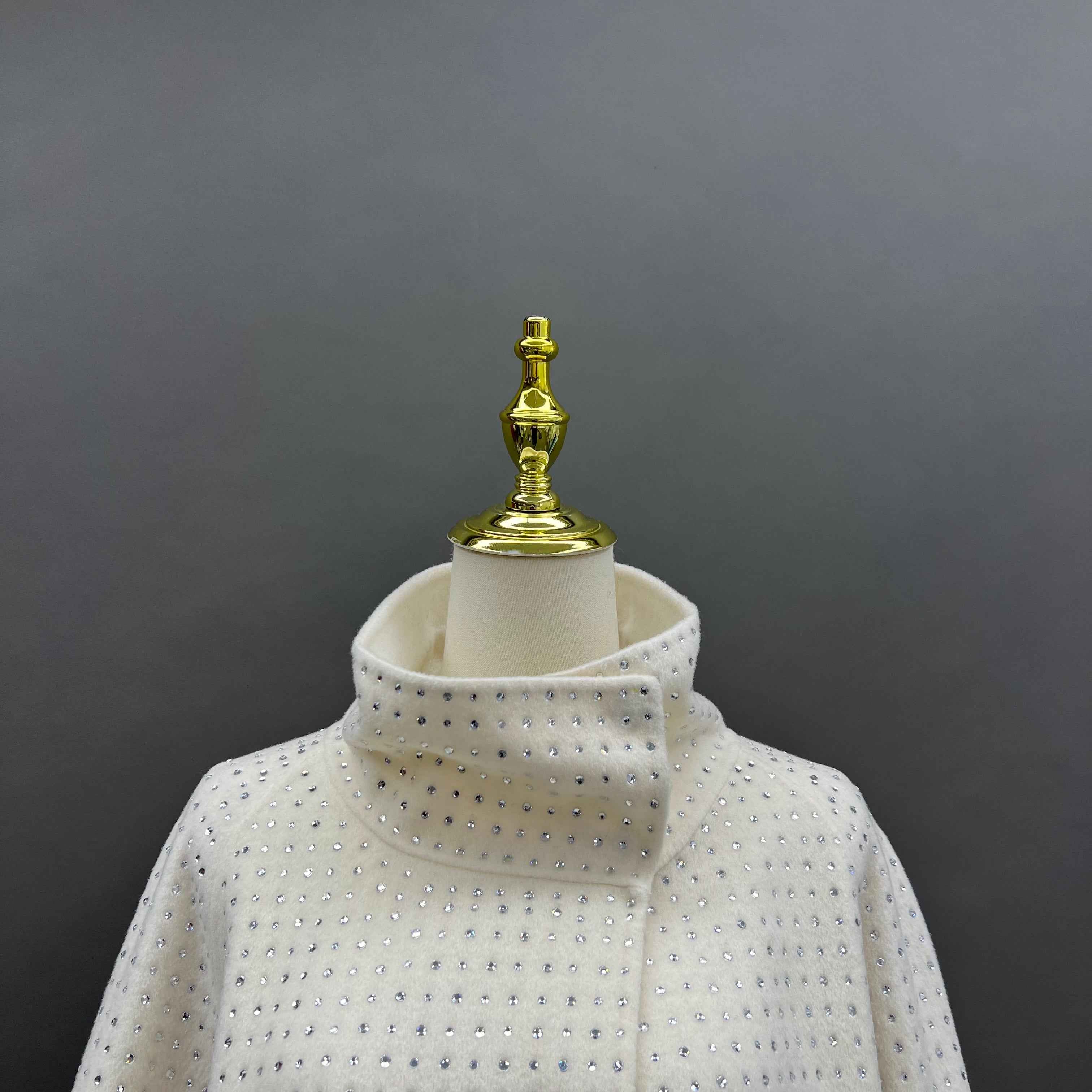 Women's Ivory Cashmere Double - Sided Coat with All - Over Diamond Embellishments