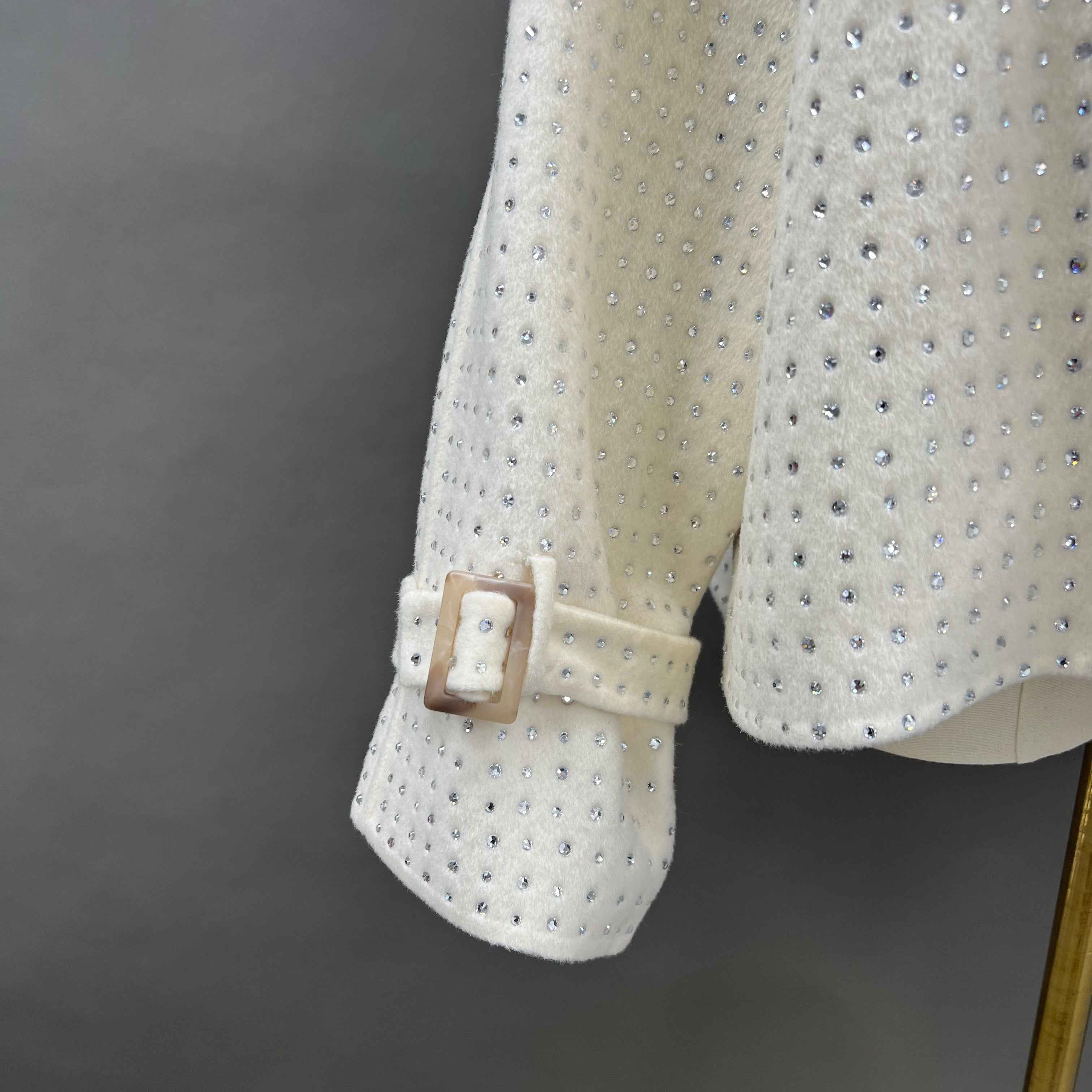 Women's Ivory Cashmere Double - Sided Coat with All - Over Diamond Embellishments