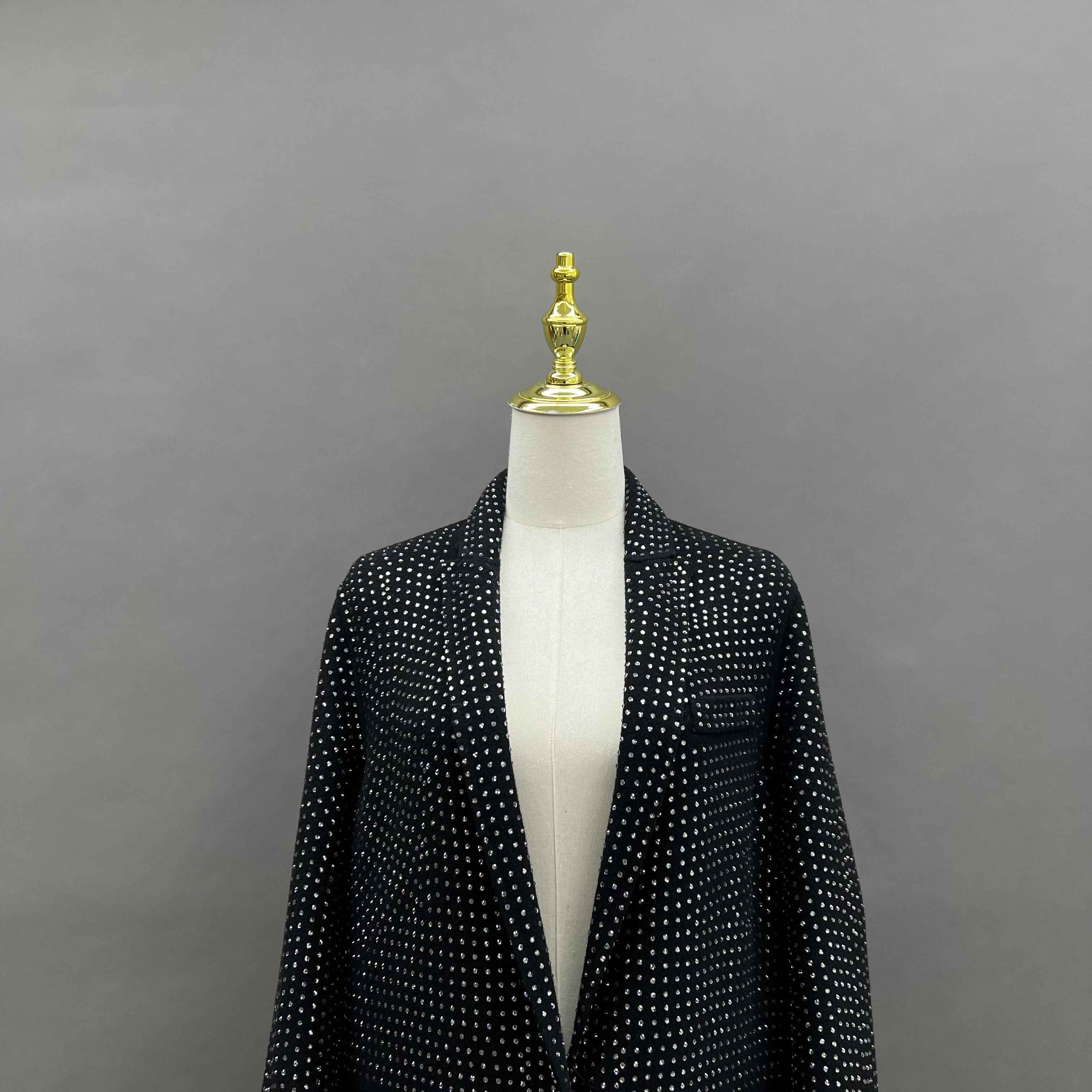 Women's Black Cashmere Double - Sided Coat with Full Rhinestone Embellishment