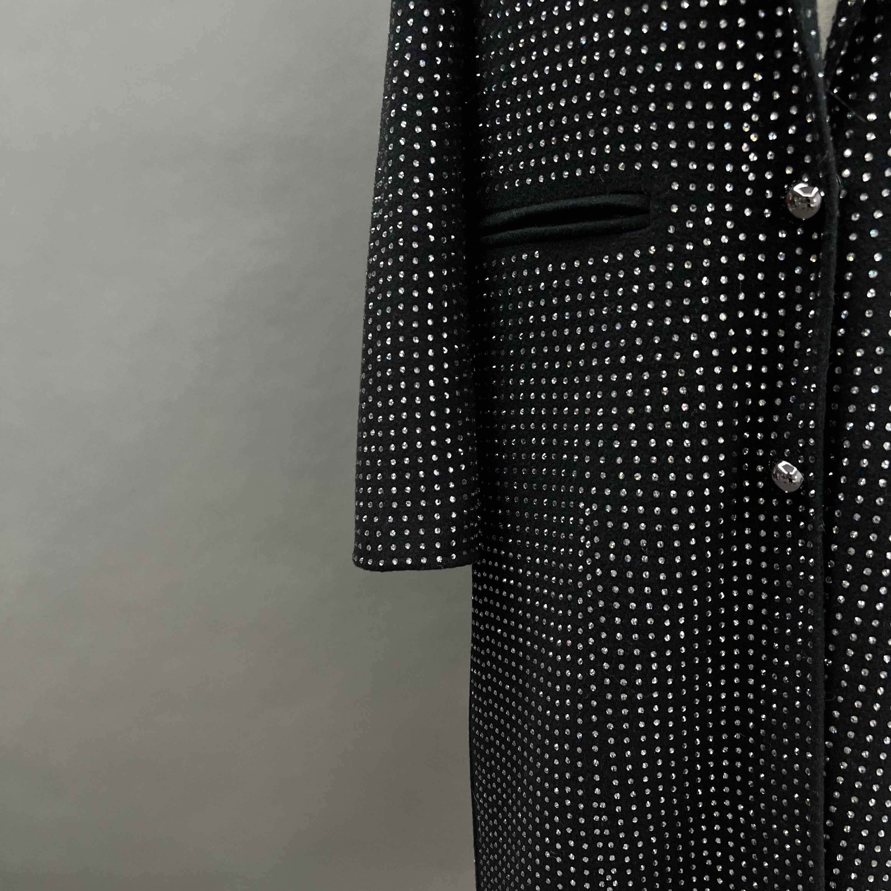 Women's Black Cashmere Double - Sided Coat with Full Rhinestone Embellishment
