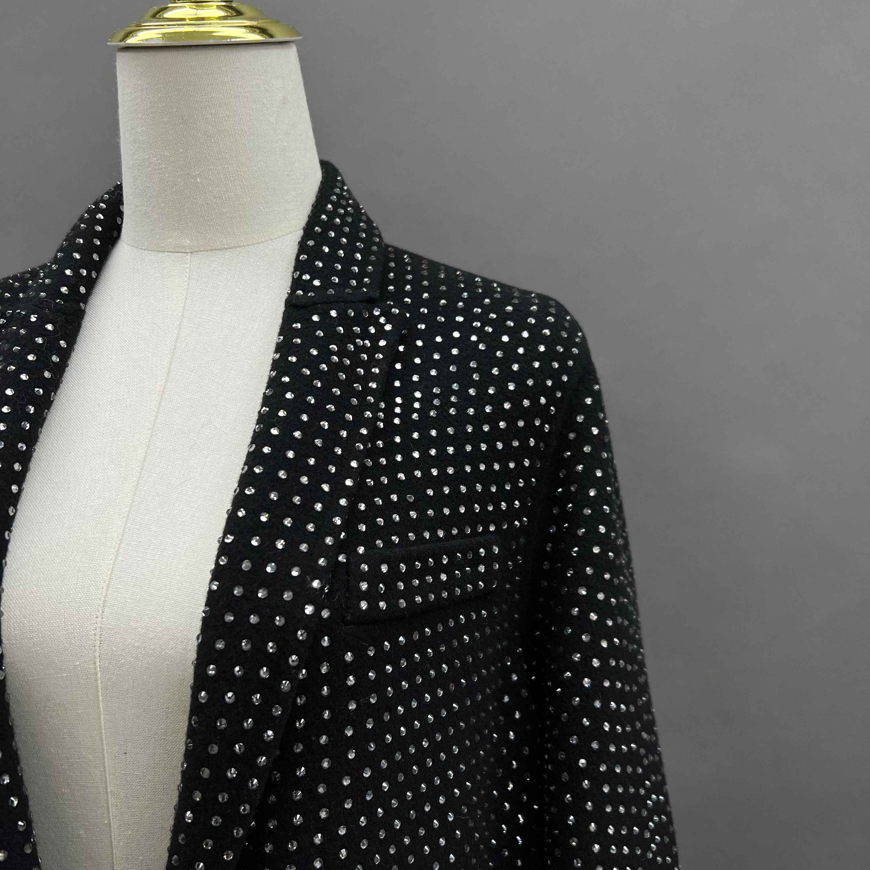 Women's Black Cashmere Double - Sided Coat with Full Rhinestone Embellishment