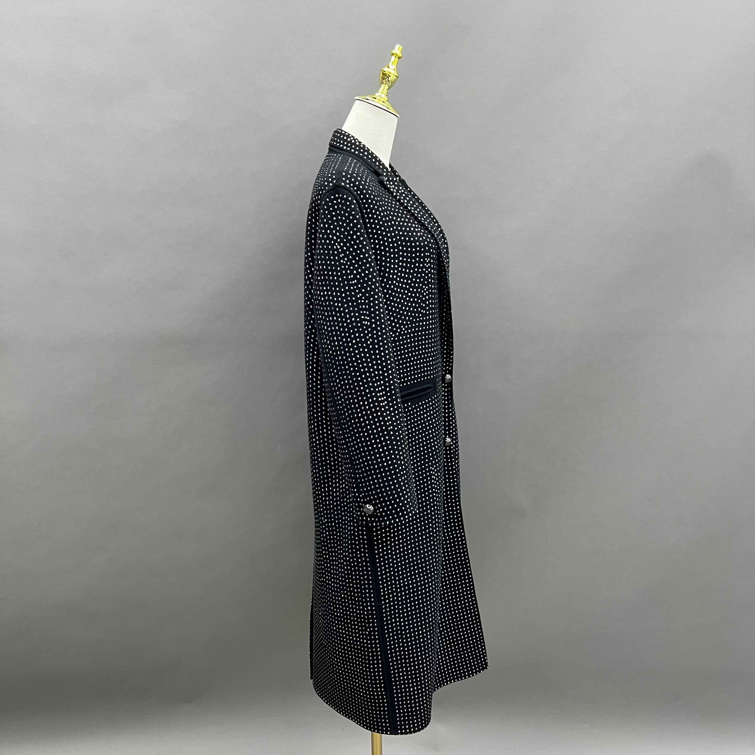 Women's Black Cashmere Double - Sided Coat with Full Rhinestone Embellishment