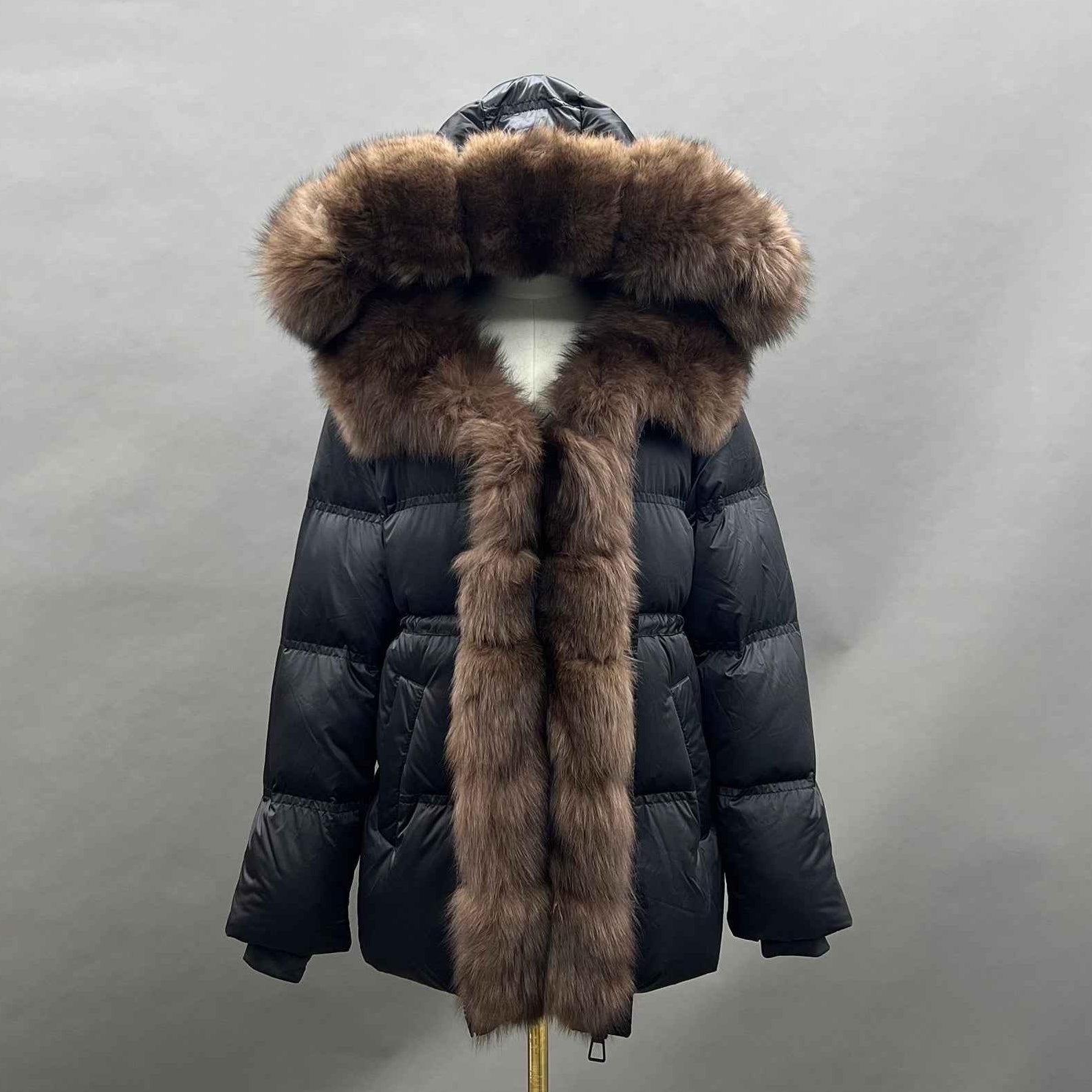 Women's Shiny Puffer Down Jacket with Large Fox Fur Trim Hood & Front Dark Brown
