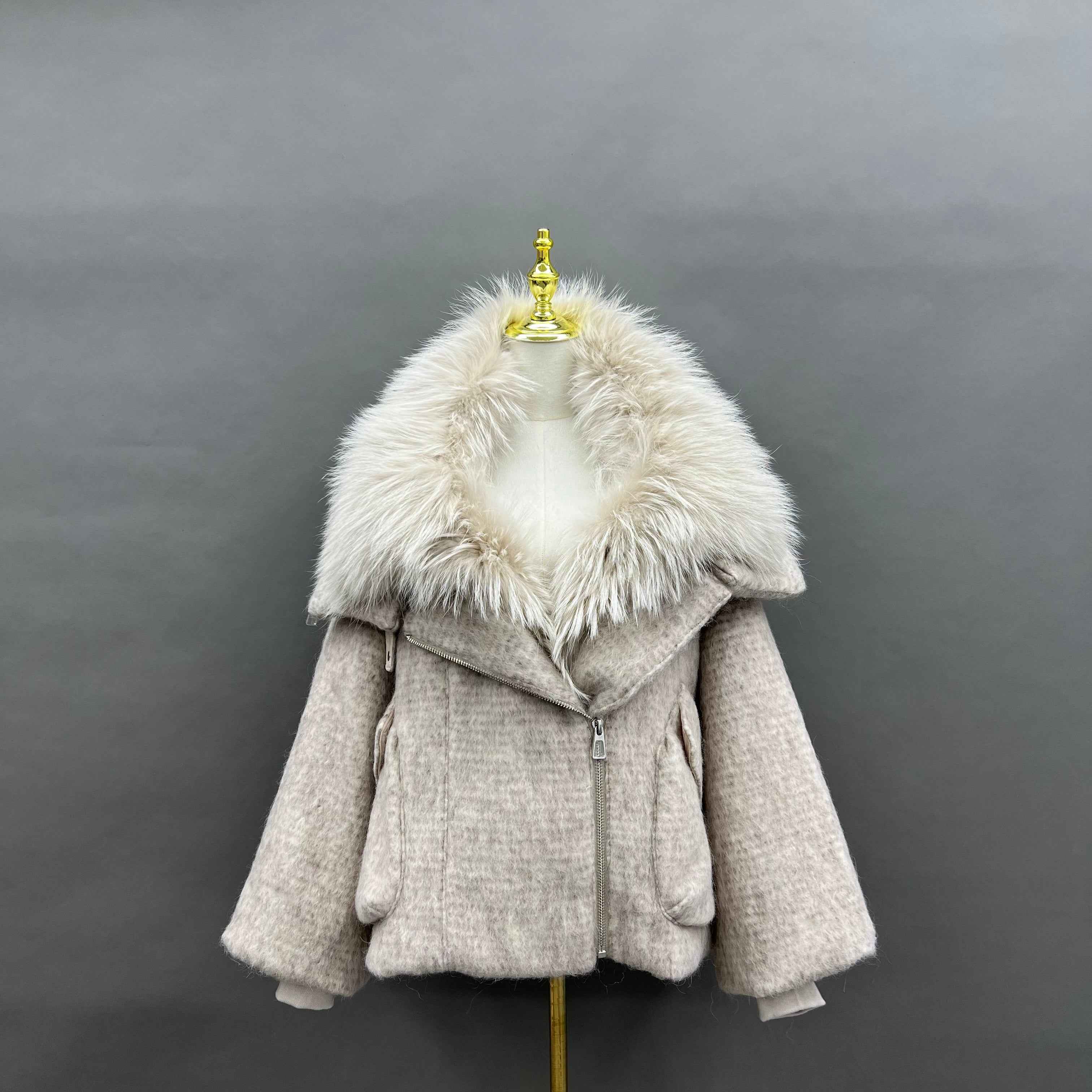 Women's Down Jacket with Asymmetrical Zipper and Raccoon Fur - Trimmed Collar and Placket White