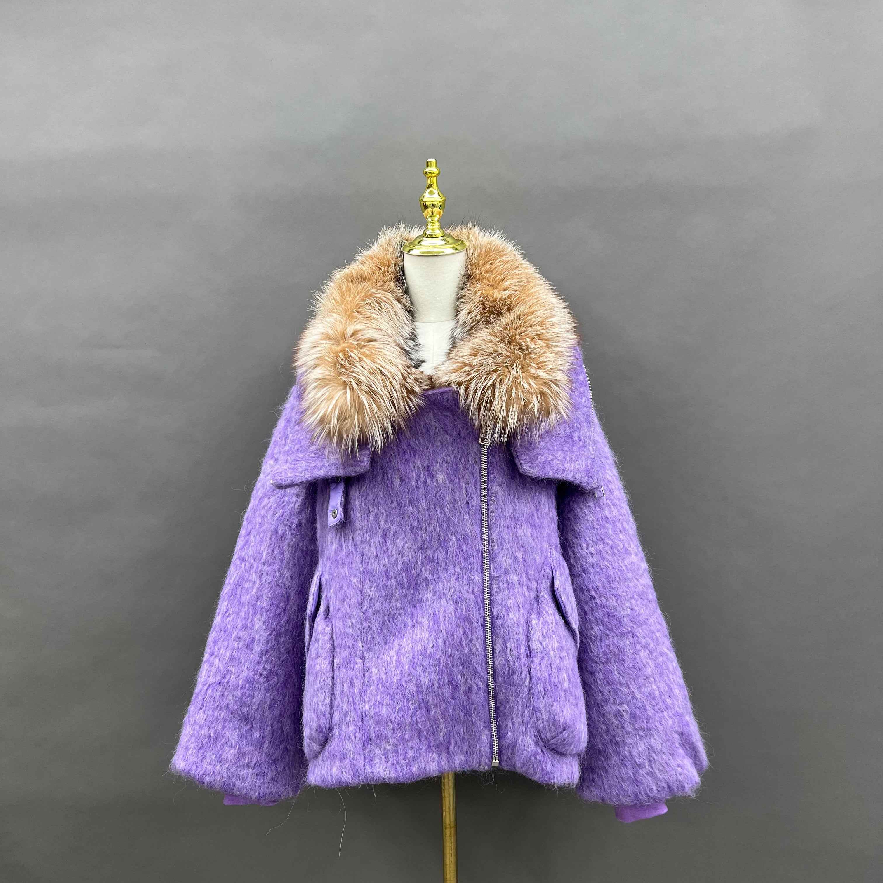 Women's Down Jacket with Asymmetrical Zipper and Golden Island Fox Fur Collar Purple