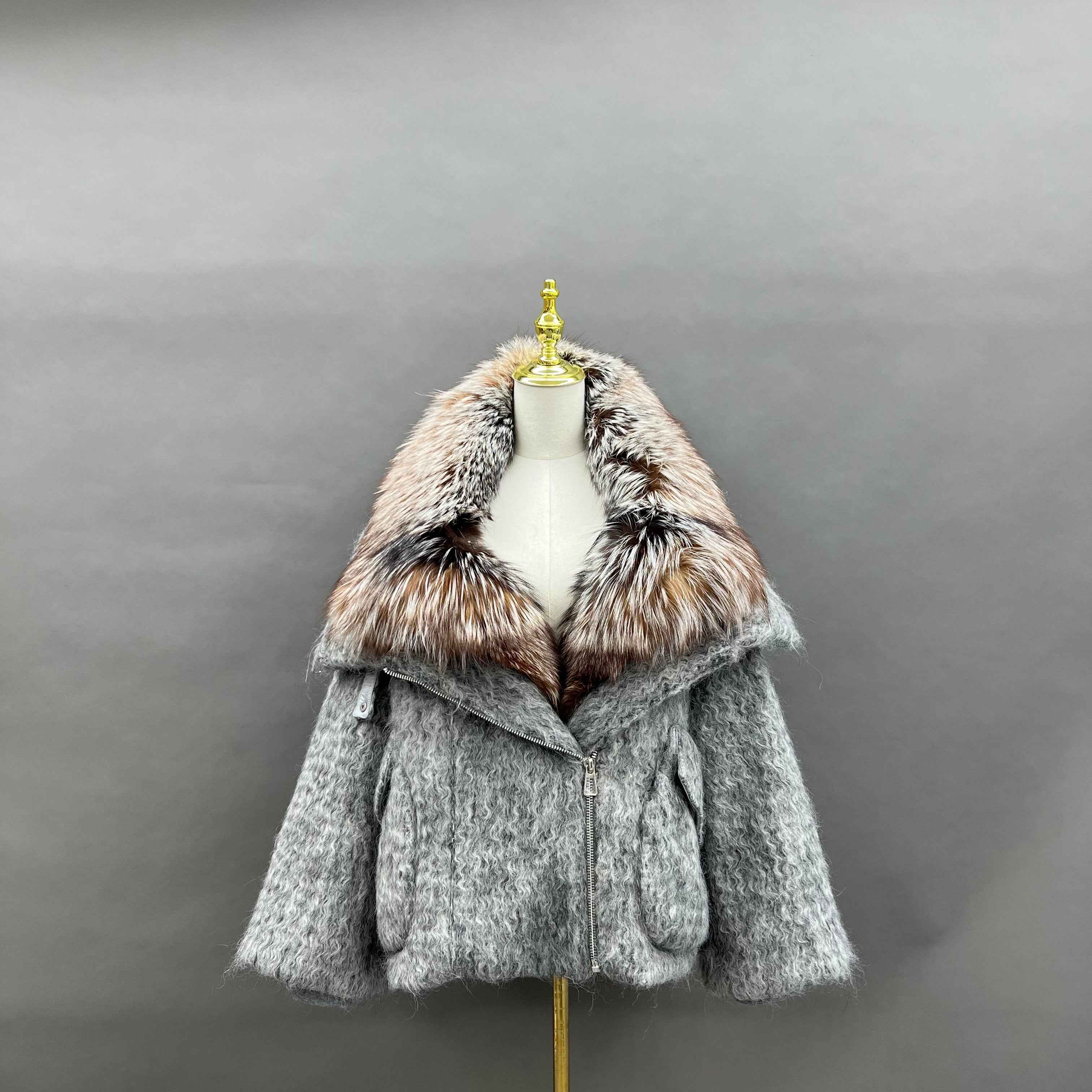 Women's Down Jacket with Asymmetrical Zipper and Golden Island Fox Fur Collar